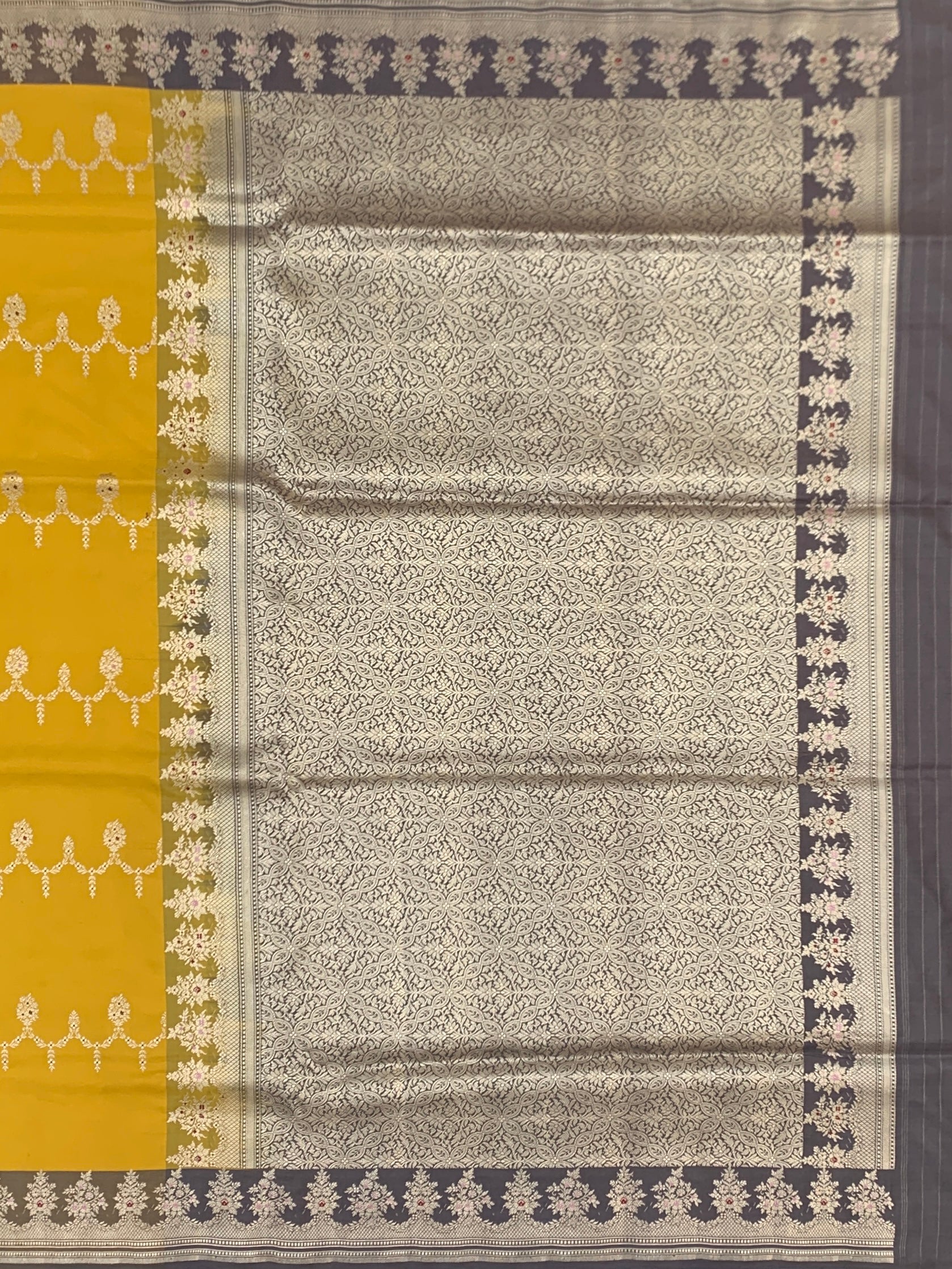 Radiant Aura: Mustard & Slate Grey Silver Zari Banarasi Silk Saree