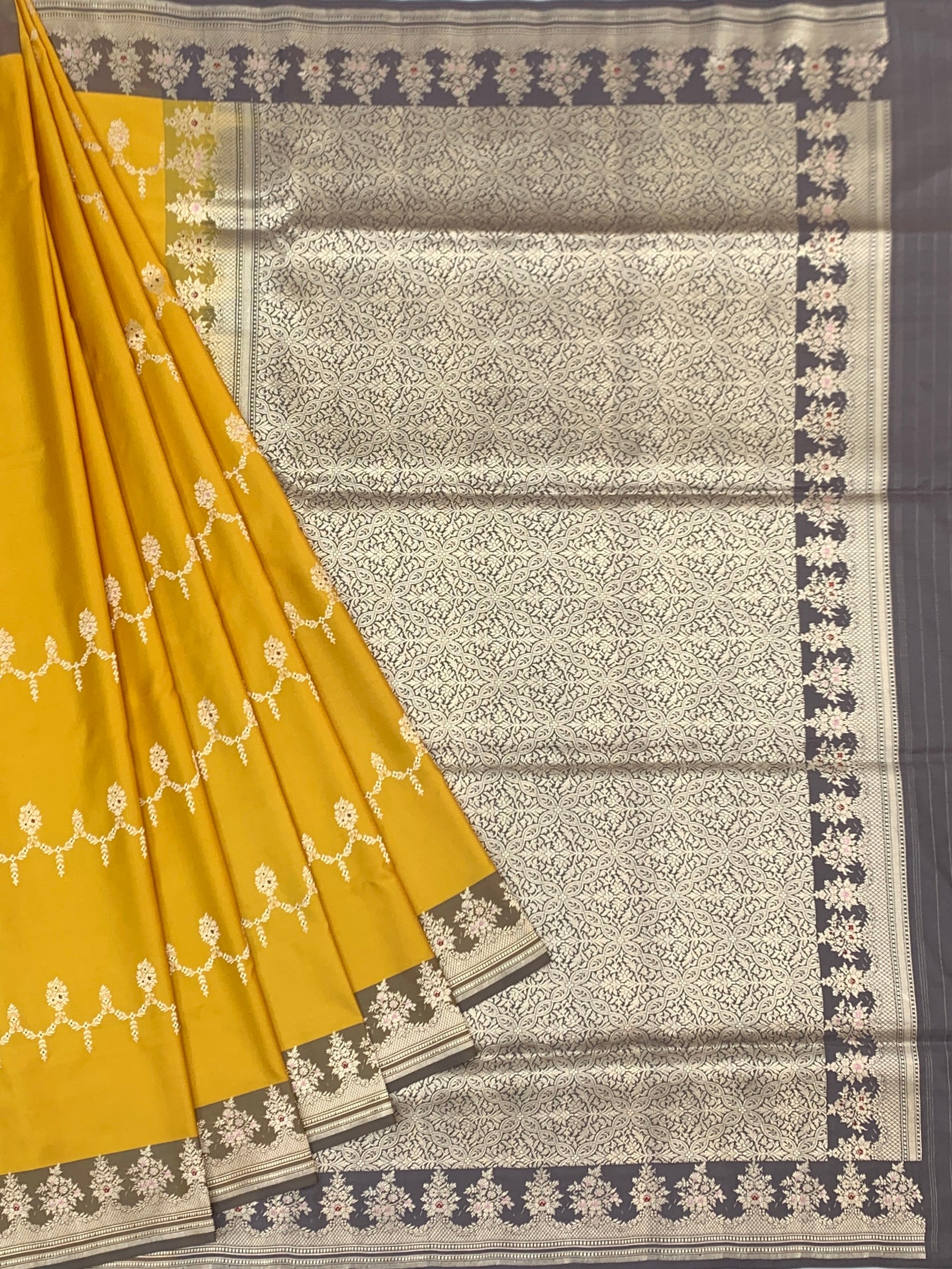 Radiant Aura: Mustard & Slate Grey Silver Zari Banarasi Silk Saree