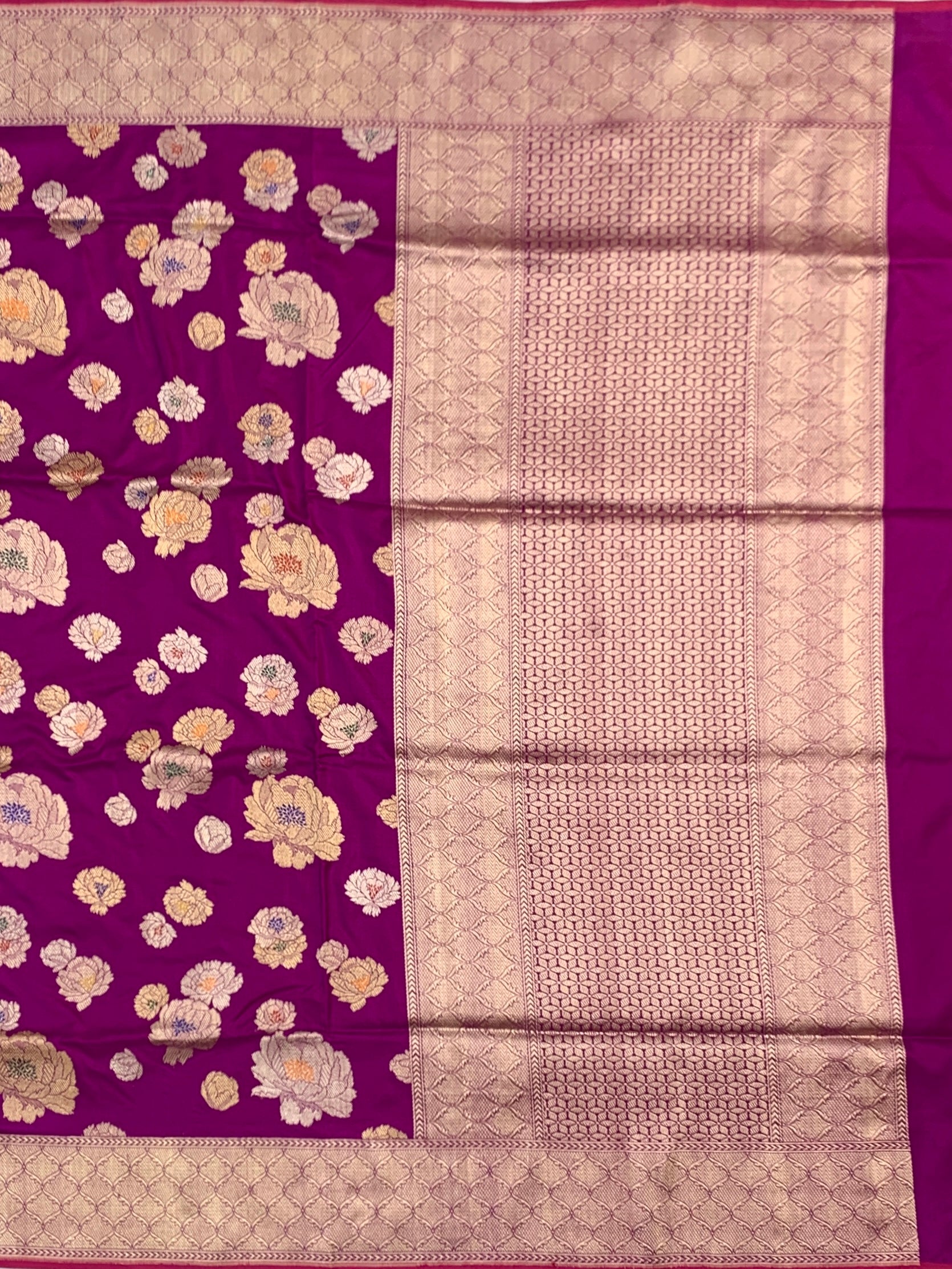 Royal Bloom: Plum & Gold Floral Brocade Banarasi Silk Saree