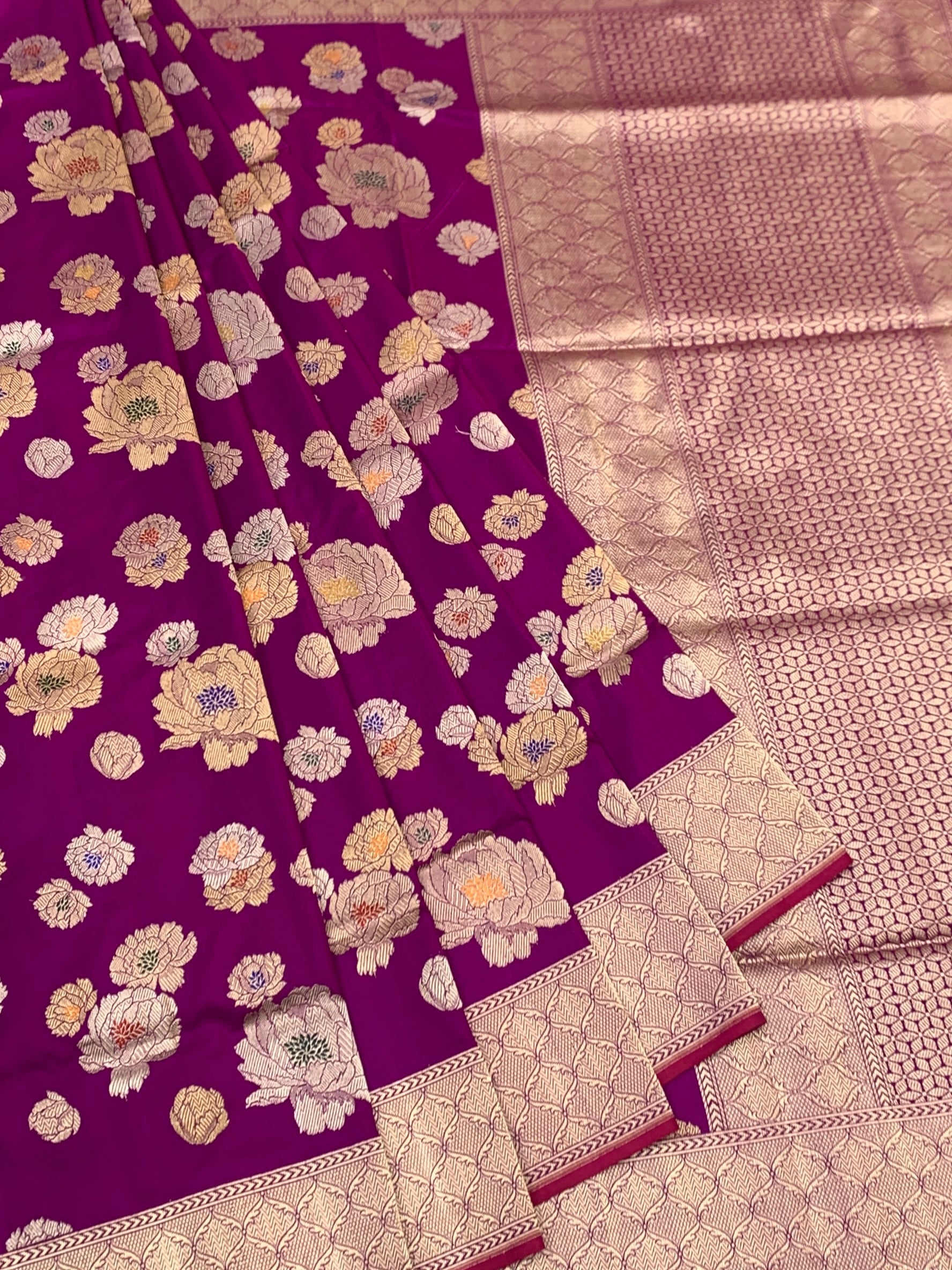 Royal Bloom: Plum & Gold Floral Brocade Banarasi Silk Saree