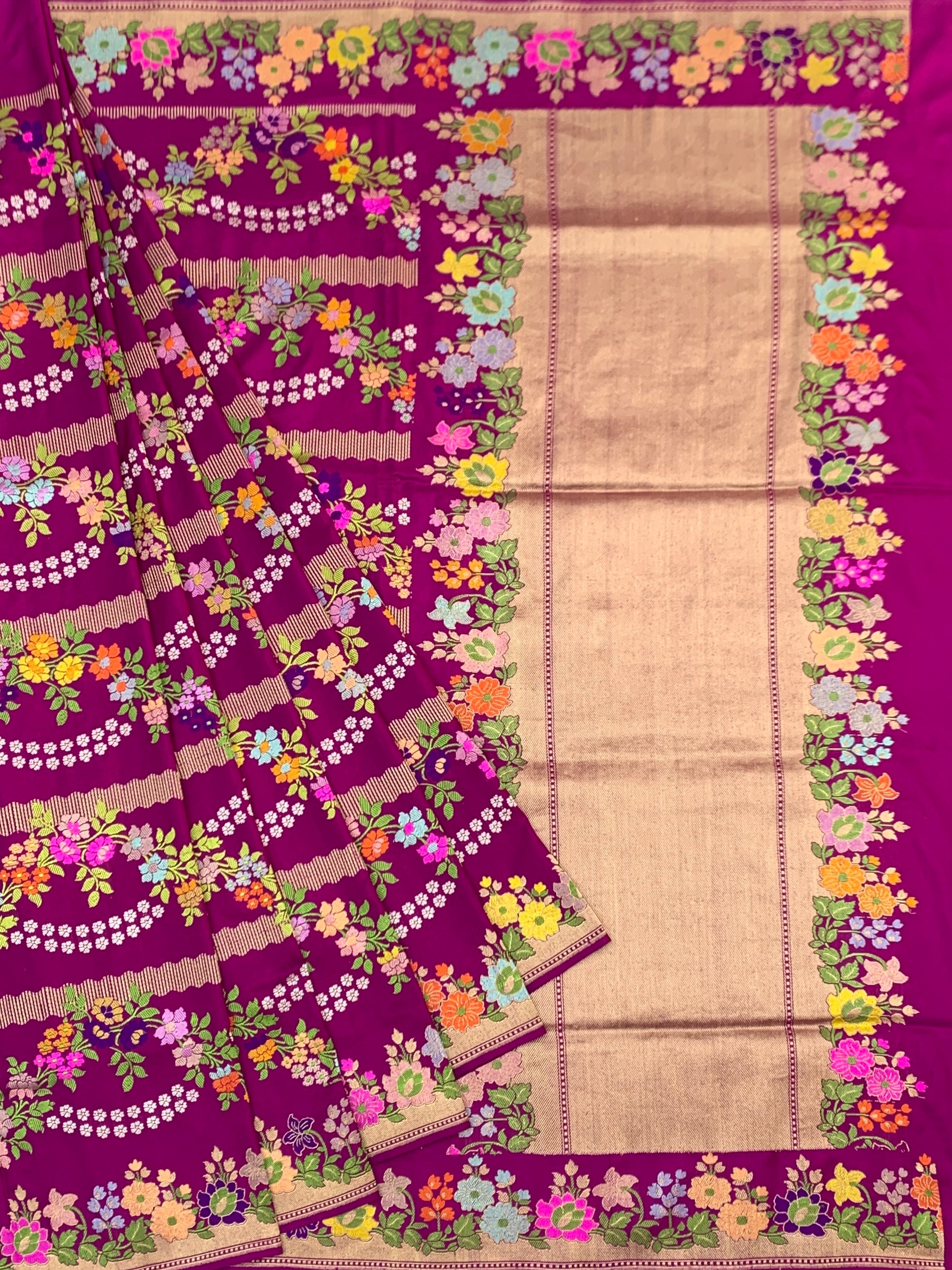 Garden Majesty: Magenta Meenakari Banarasi Silk Saree