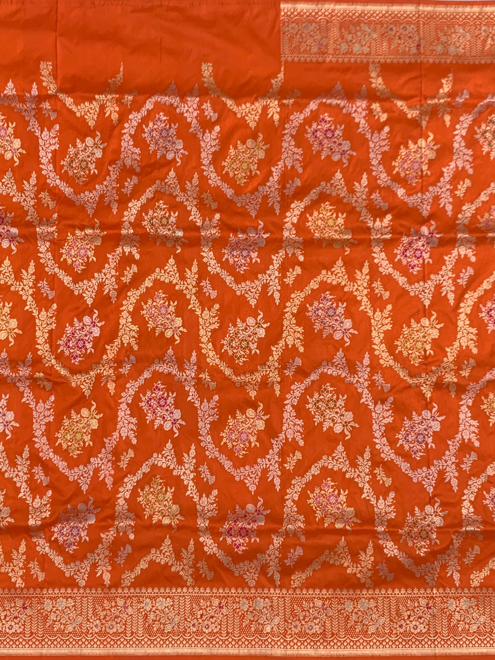 Royal Tangerine: Meenakari Floral Jaal Banarasi Silk Saree