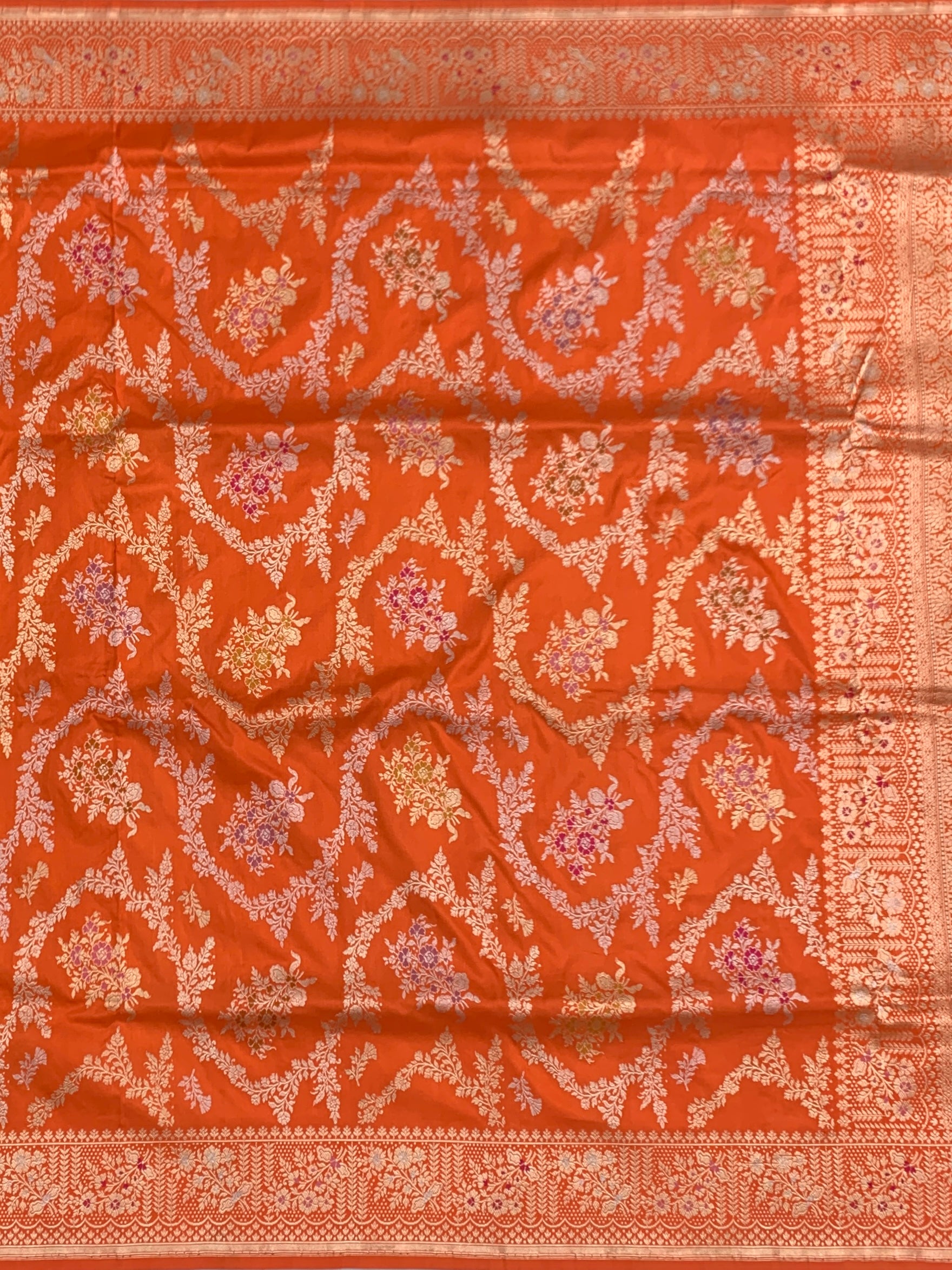 Royal Tangerine: Meenakari Floral Jaal Banarasi Silk Saree