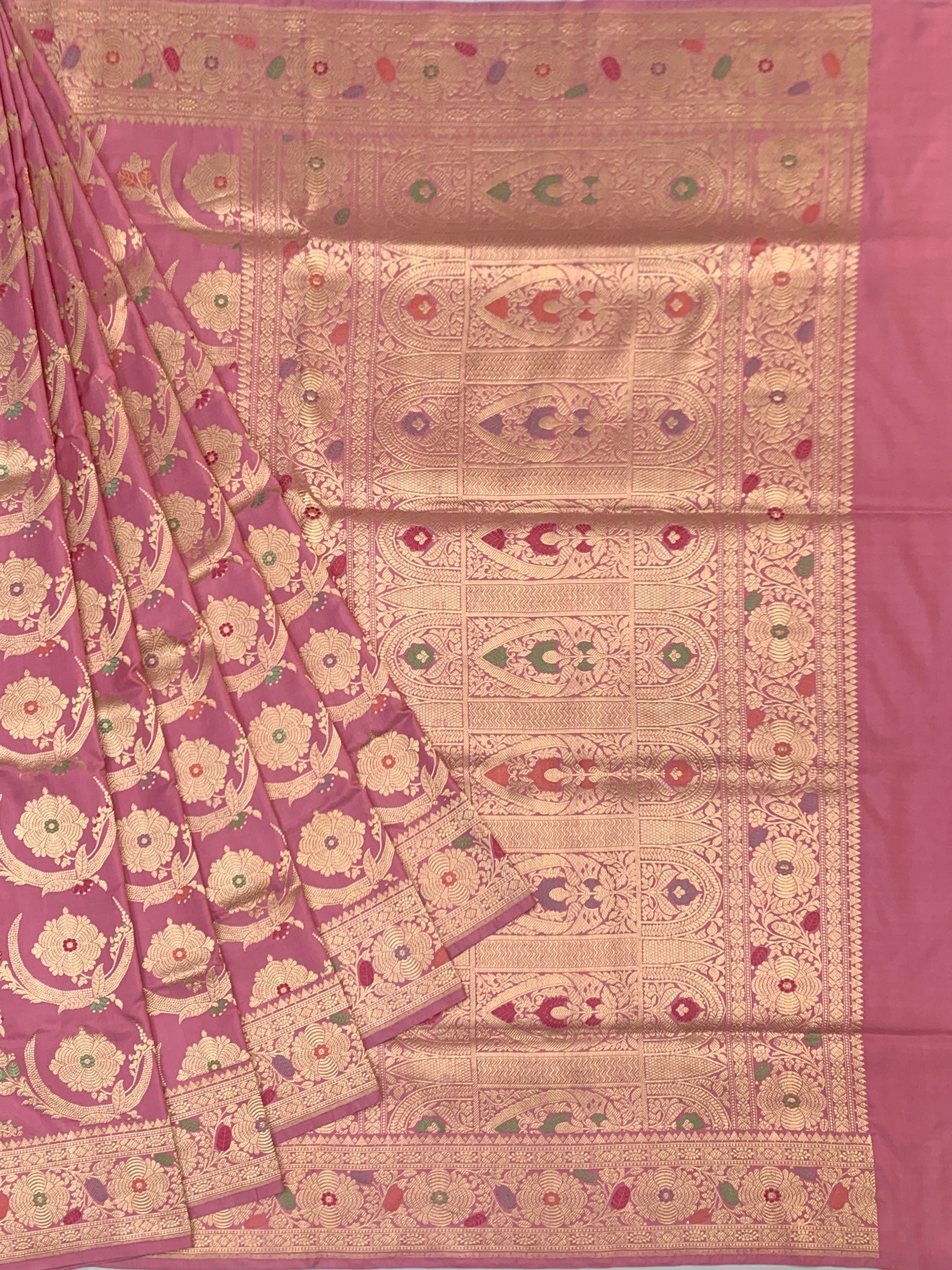 Antique Rose Opulence: Heavy Zari Brocade Banarasi Silk Saree with Meenakari
