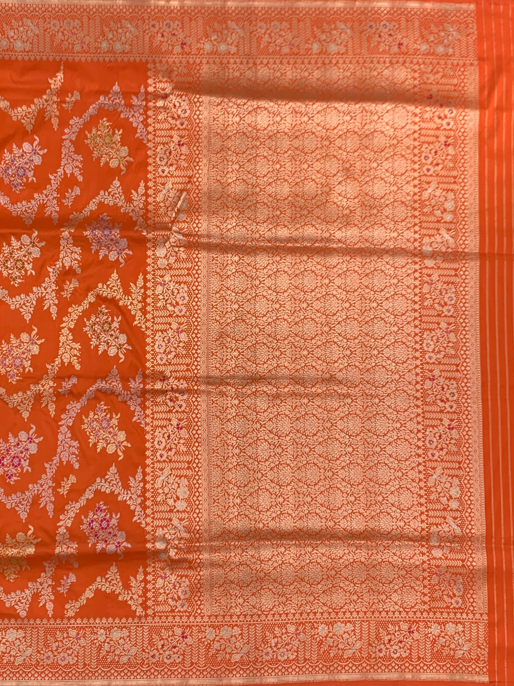 Royal Tangerine: Meenakari Floral Jaal Banarasi Silk Saree