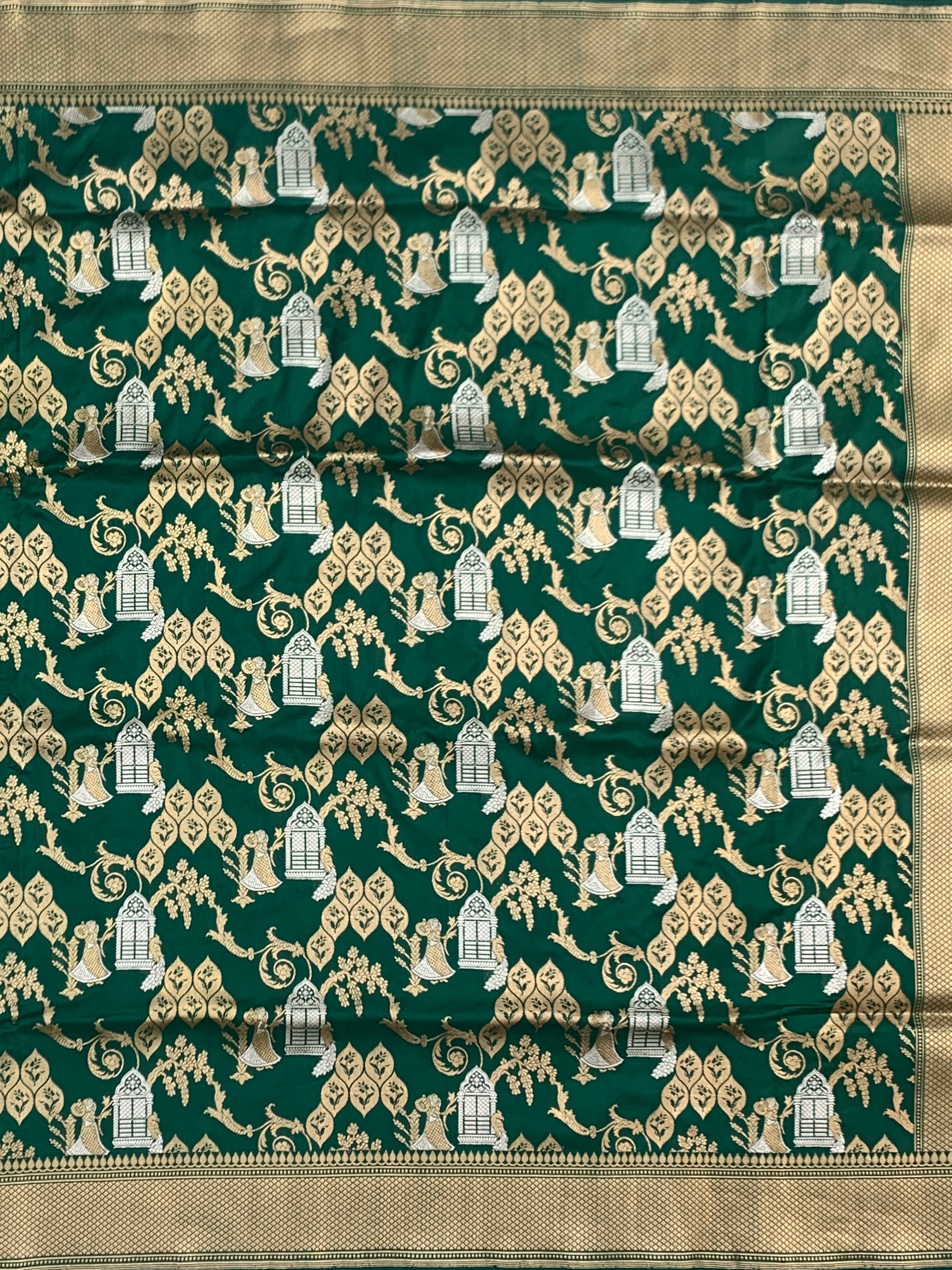 Emerald Court: Sona Rupa Zari Jharokha Motif Banarasi Silk Saree
