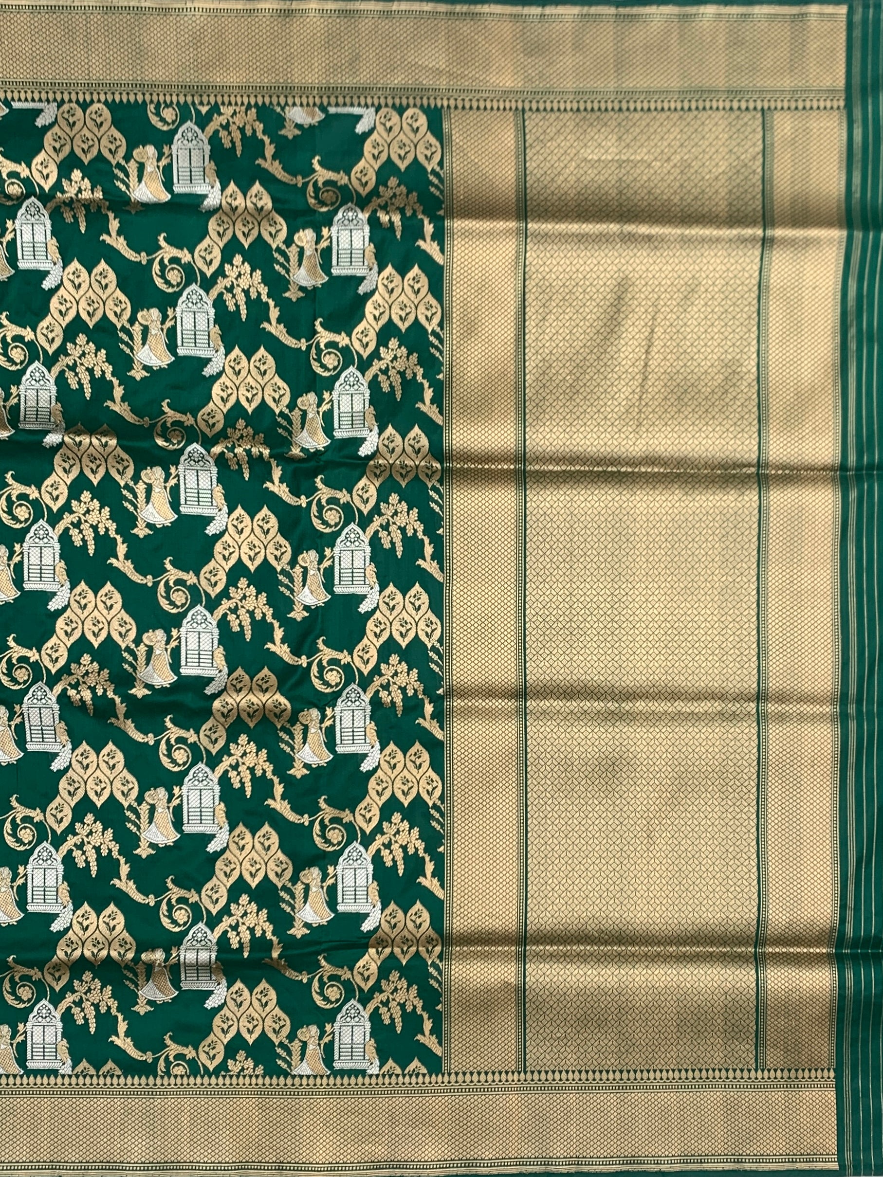 Emerald Court: Sona Rupa Zari Jharokha Motif Banarasi Silk Saree