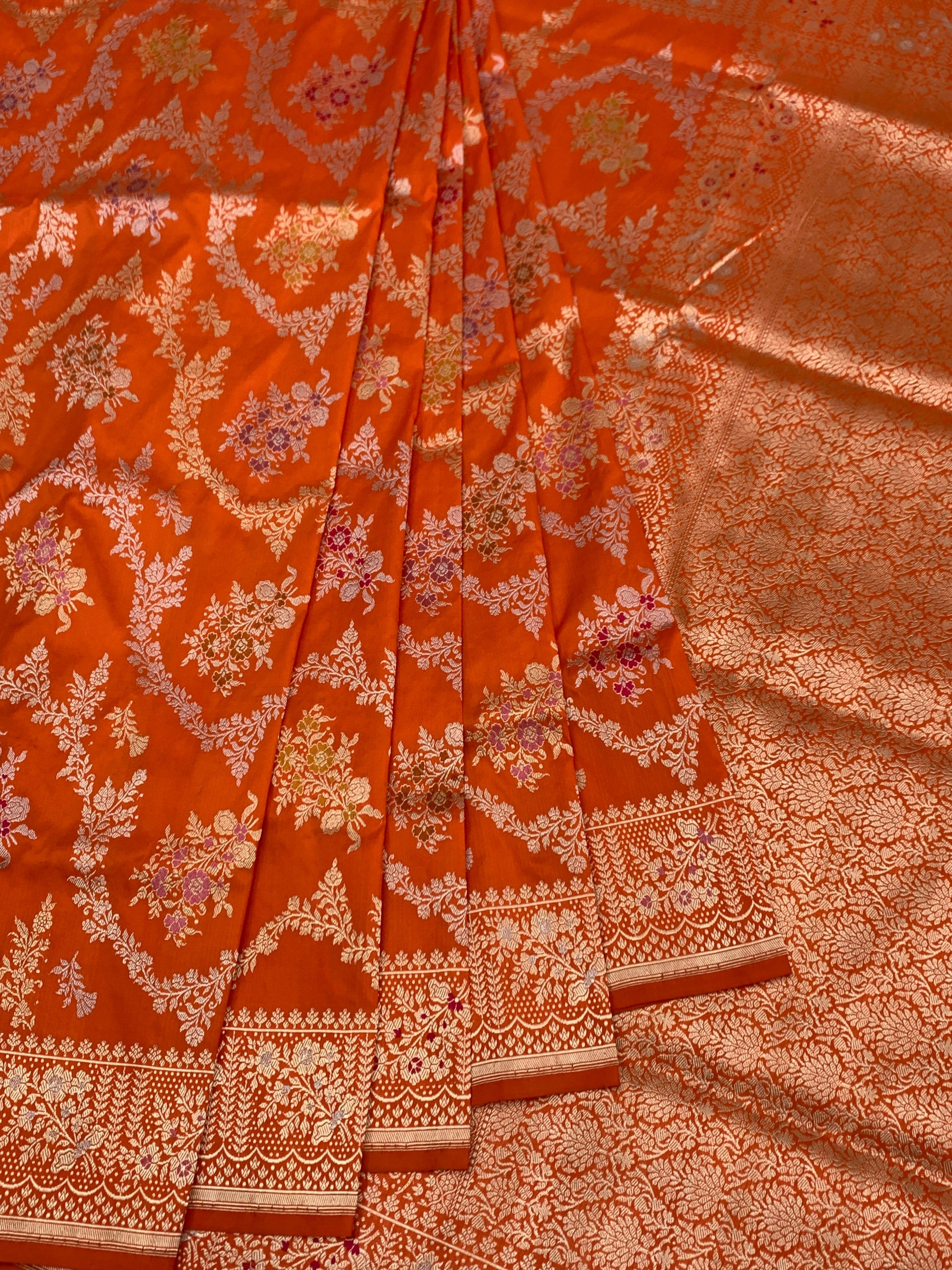 Royal Tangerine: Meenakari Floral Jaal Banarasi Silk Saree