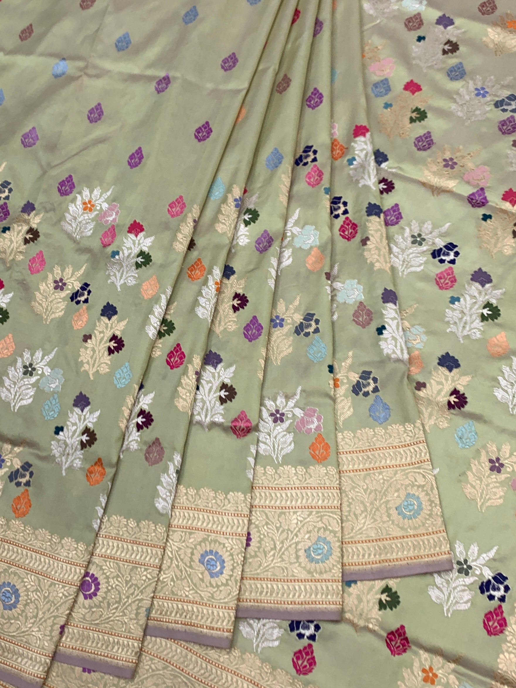 Mint Meadow: Pastel Green Meenakari Boota Banarasi Silk Saree