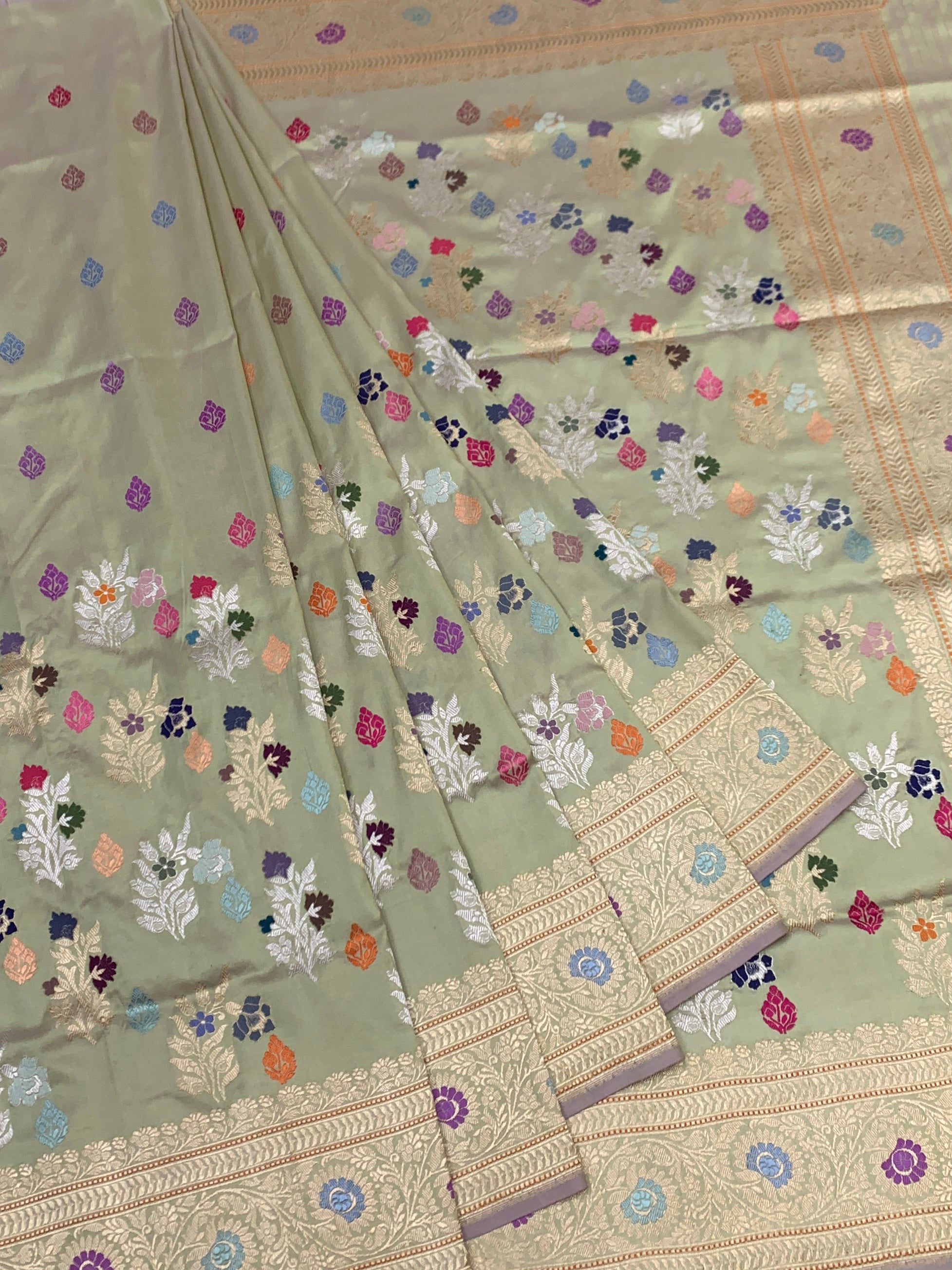Mint Meadow: Pastel Green Meenakari Boota Banarasi Silk Saree