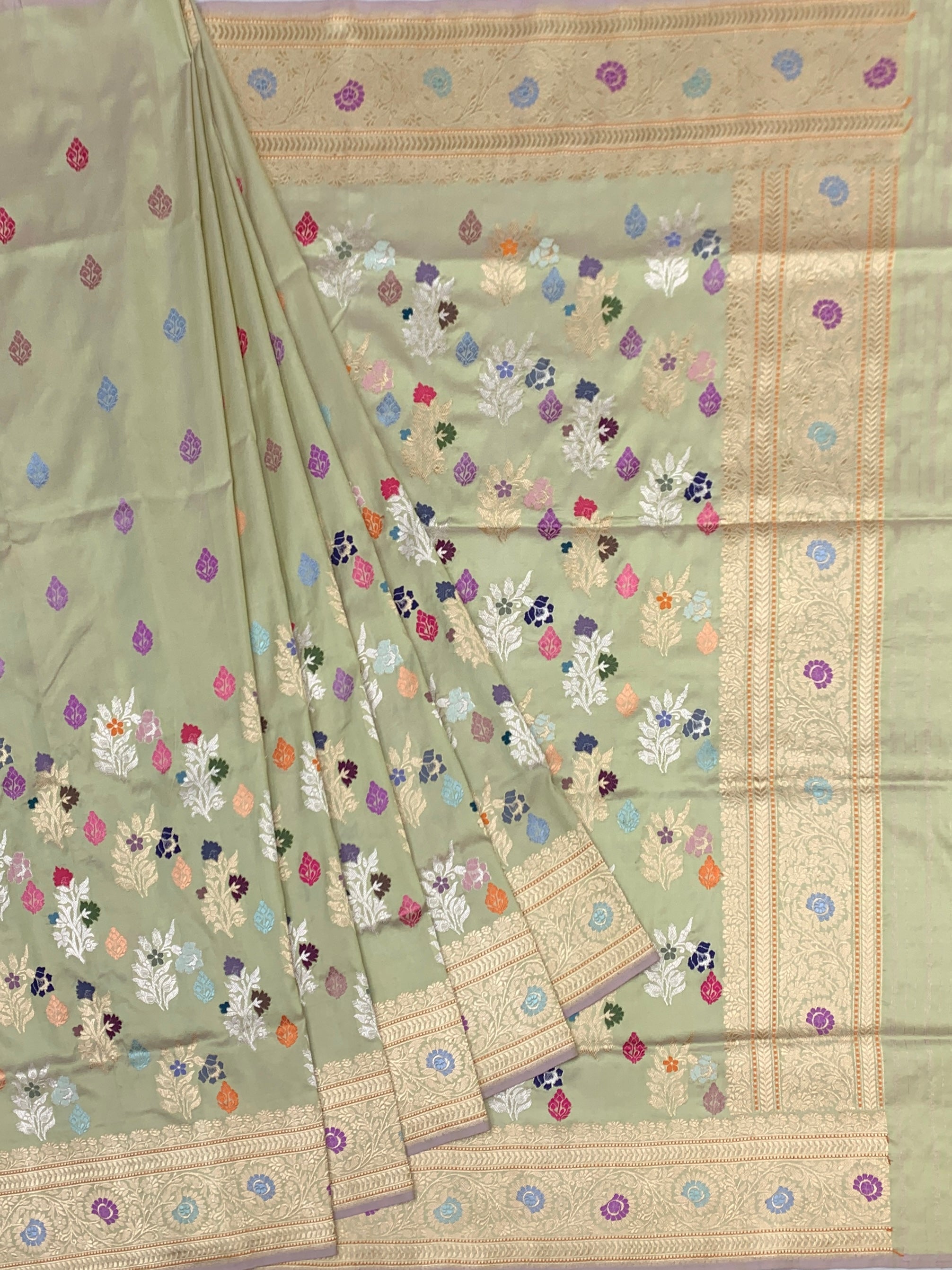 Mint Meadow: Pastel Green Meenakari Boota Banarasi Silk Saree