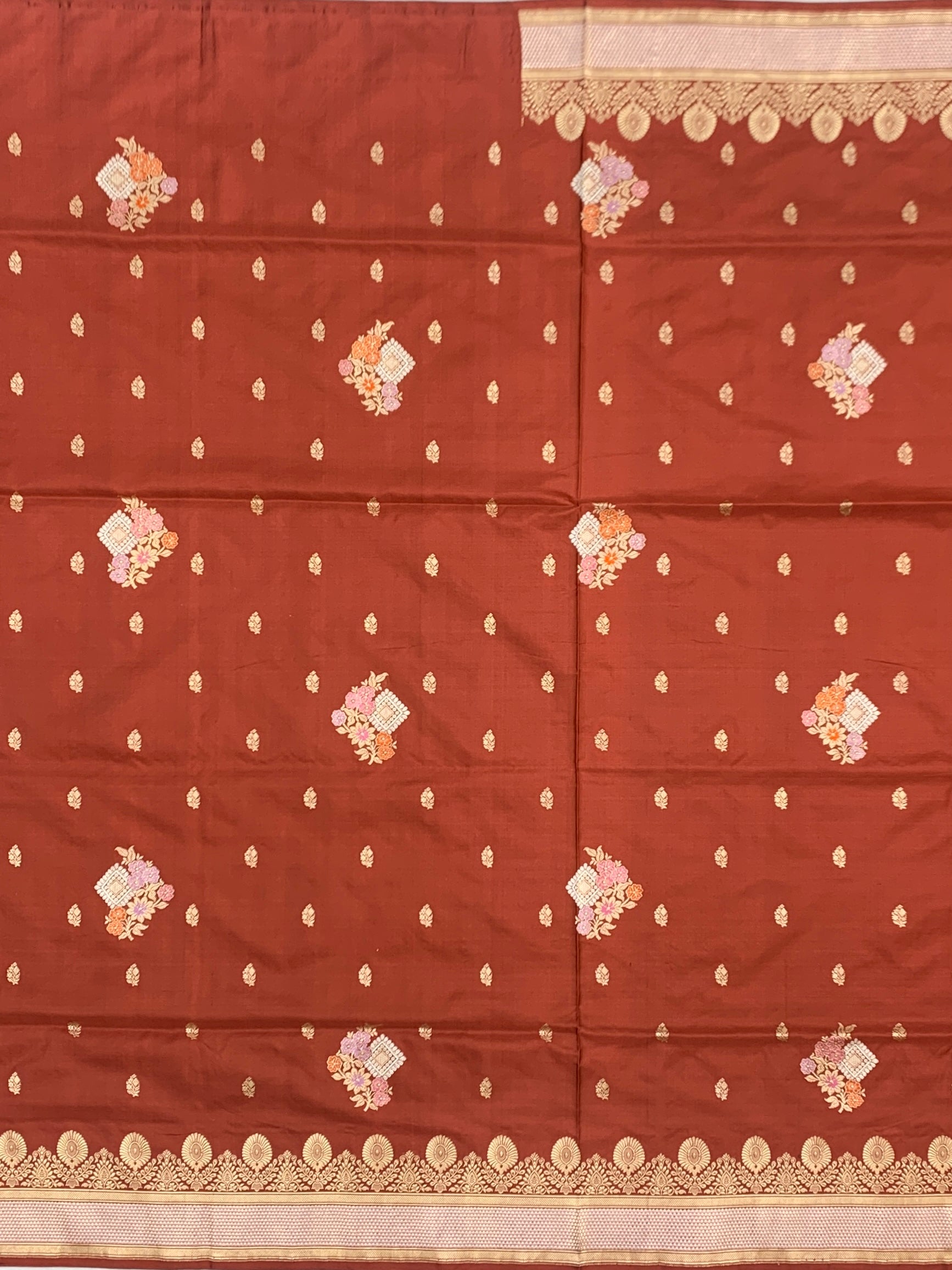 Earthen Elegance: Rust  Banarasi Silk Saree with Meenakari Floral Boota