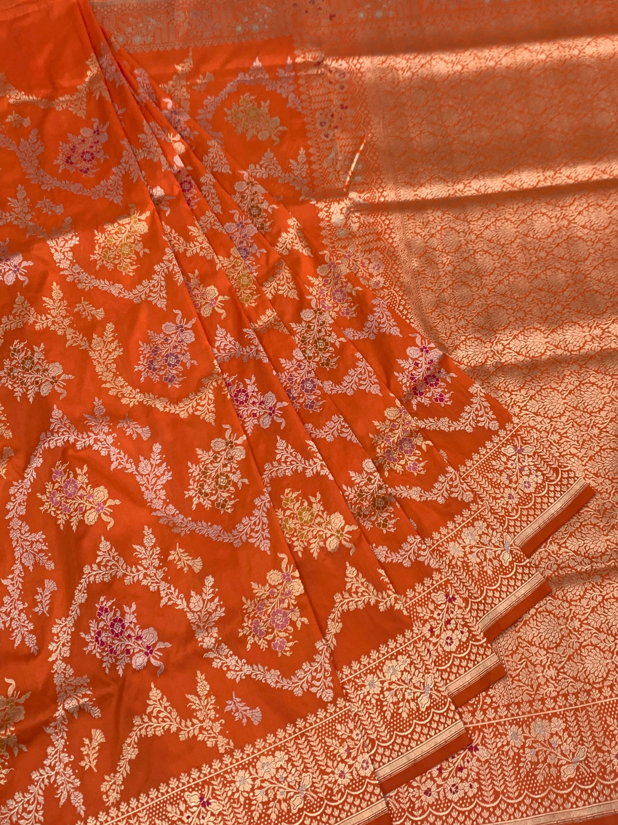 Royal Tangerine: Meenakari Floral Jaal Banarasi Silk Saree