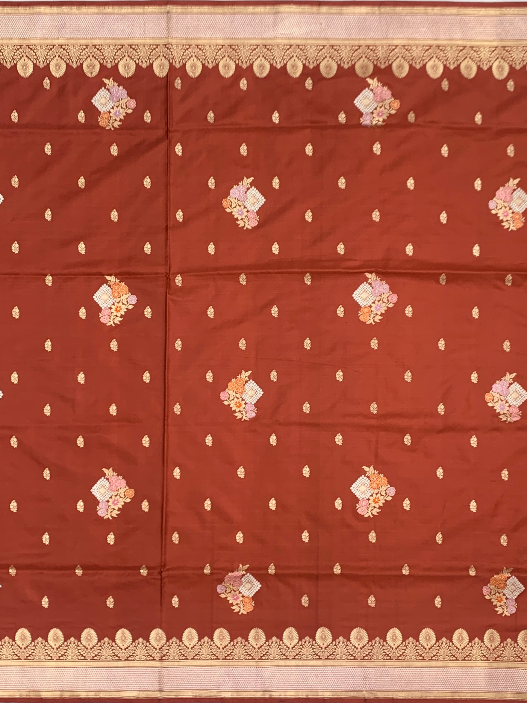 Earthen Elegance: Rust  Banarasi Silk Saree with Meenakari Floral Boota