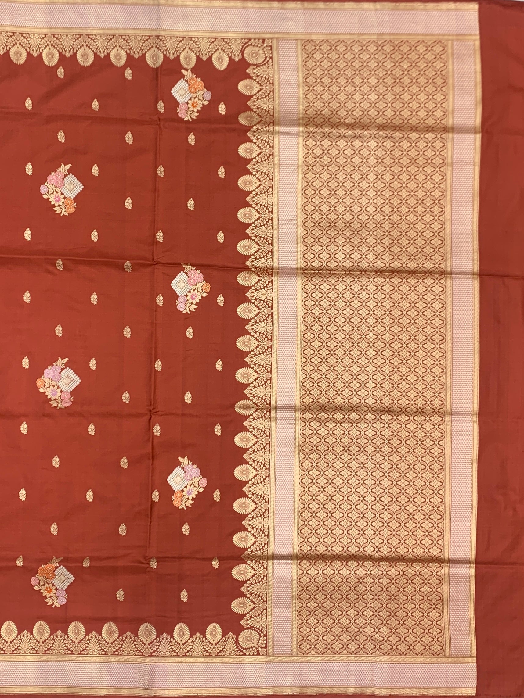 Earthen Elegance: Rust  Banarasi Silk Saree with Meenakari Floral Boota