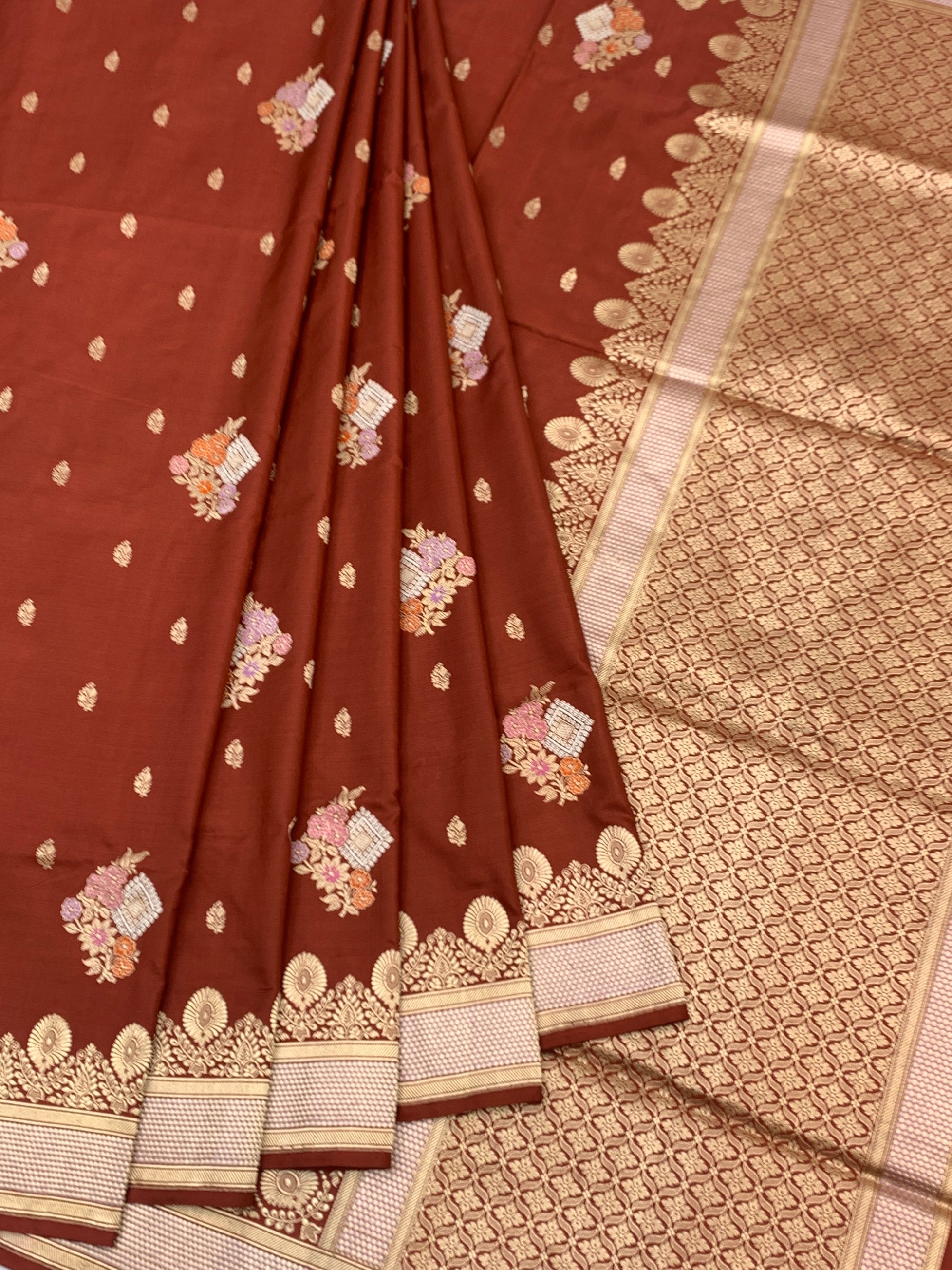 Earthen Elegance: Rust  Banarasi Silk Saree with Meenakari Floral Boota