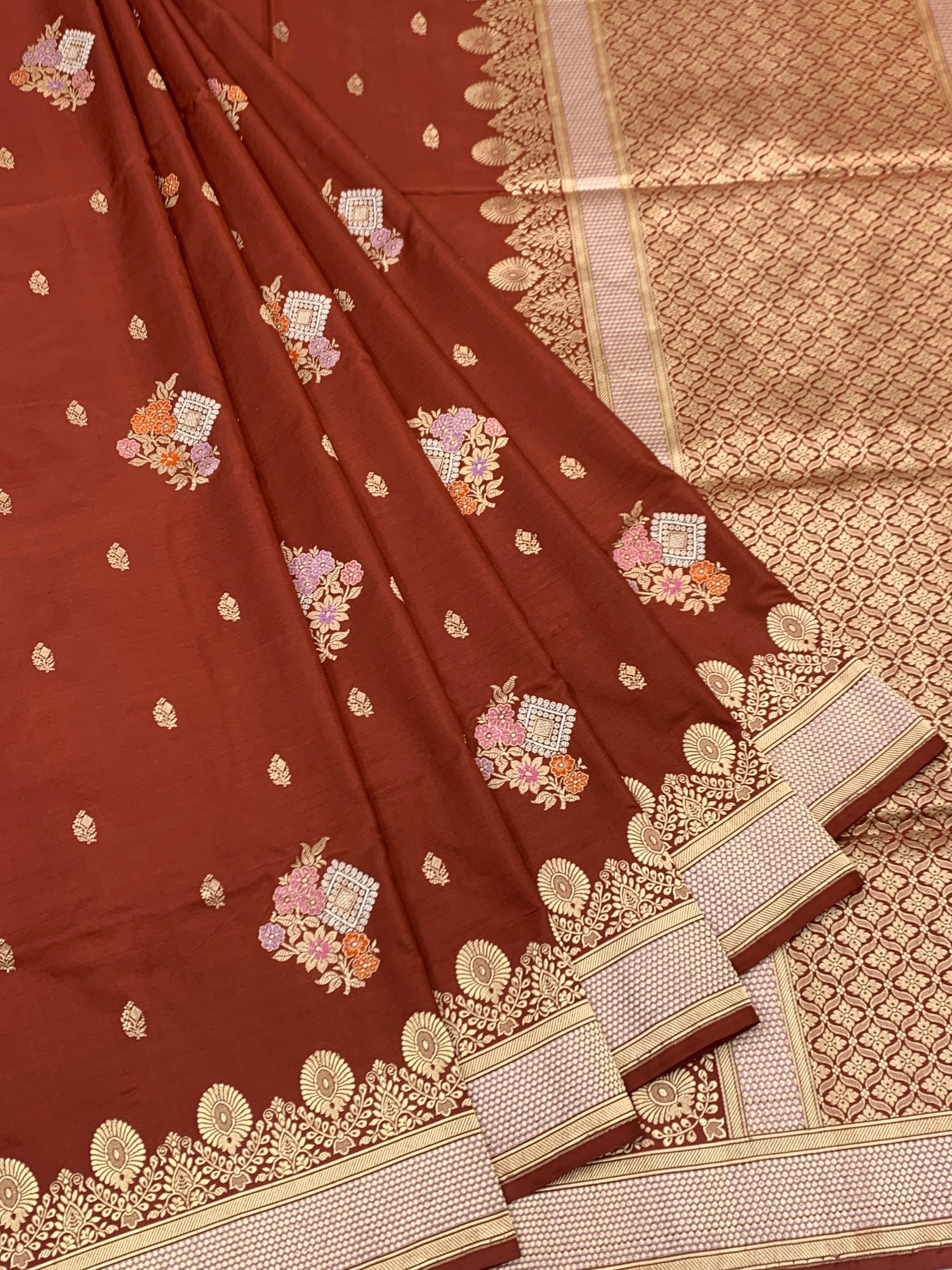Earthen Elegance: Rust  Banarasi Silk Saree with Meenakari Floral Boota