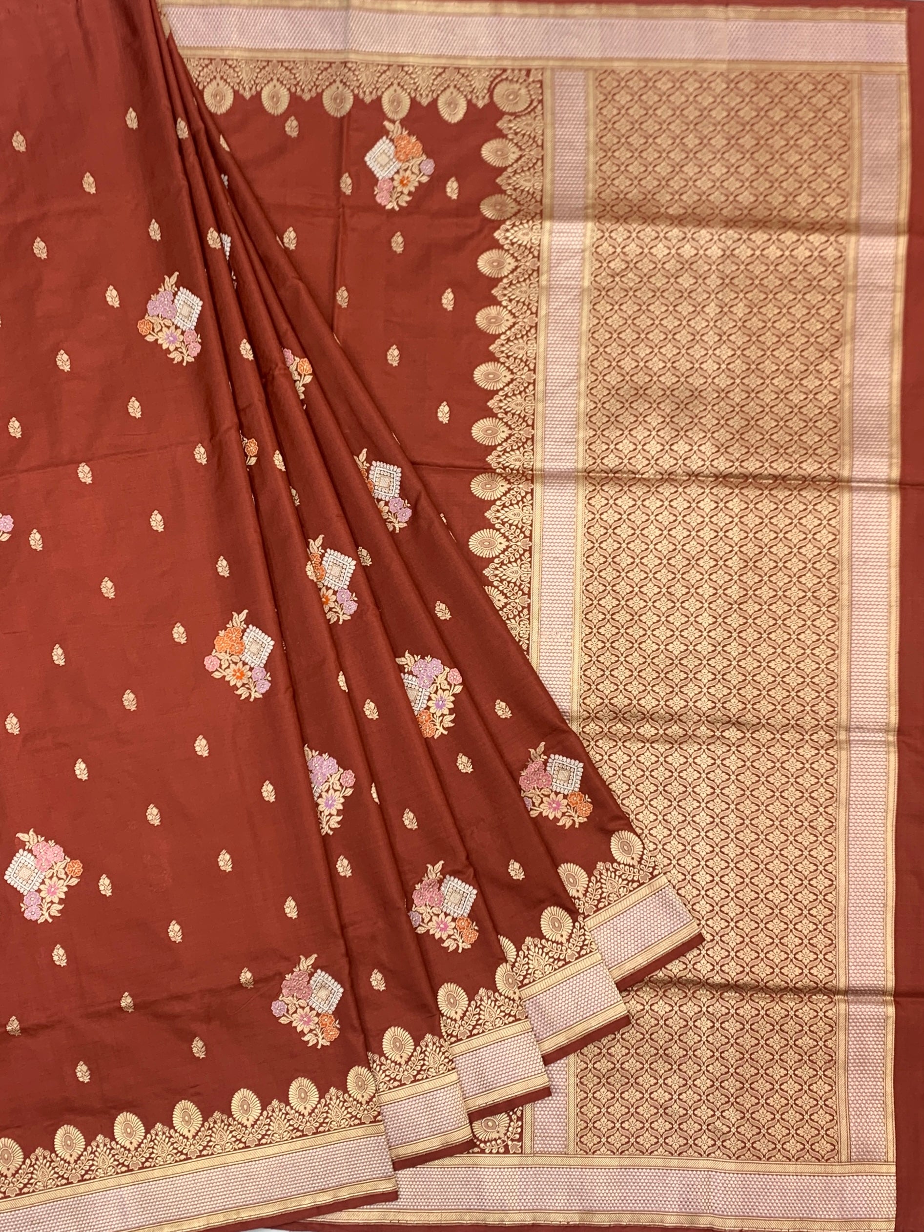 Earthen Elegance: Rust  Banarasi Silk Saree with Meenakari Floral Boota