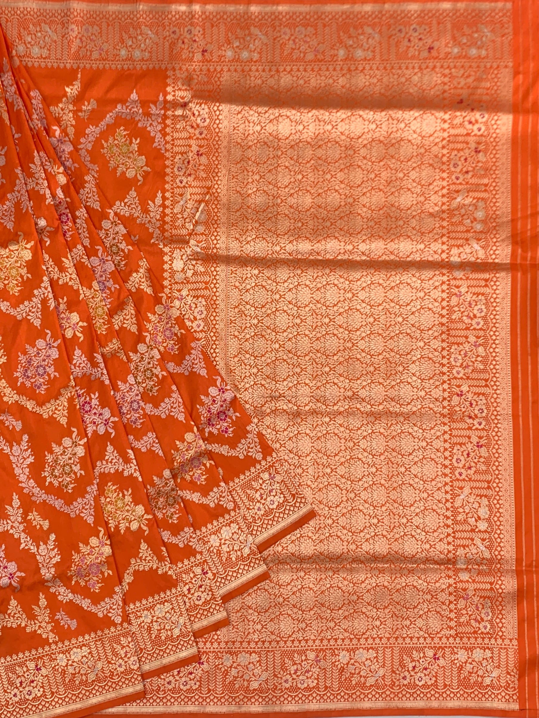 Royal Tangerine: Meenakari Floral Jaal Banarasi Silk Saree