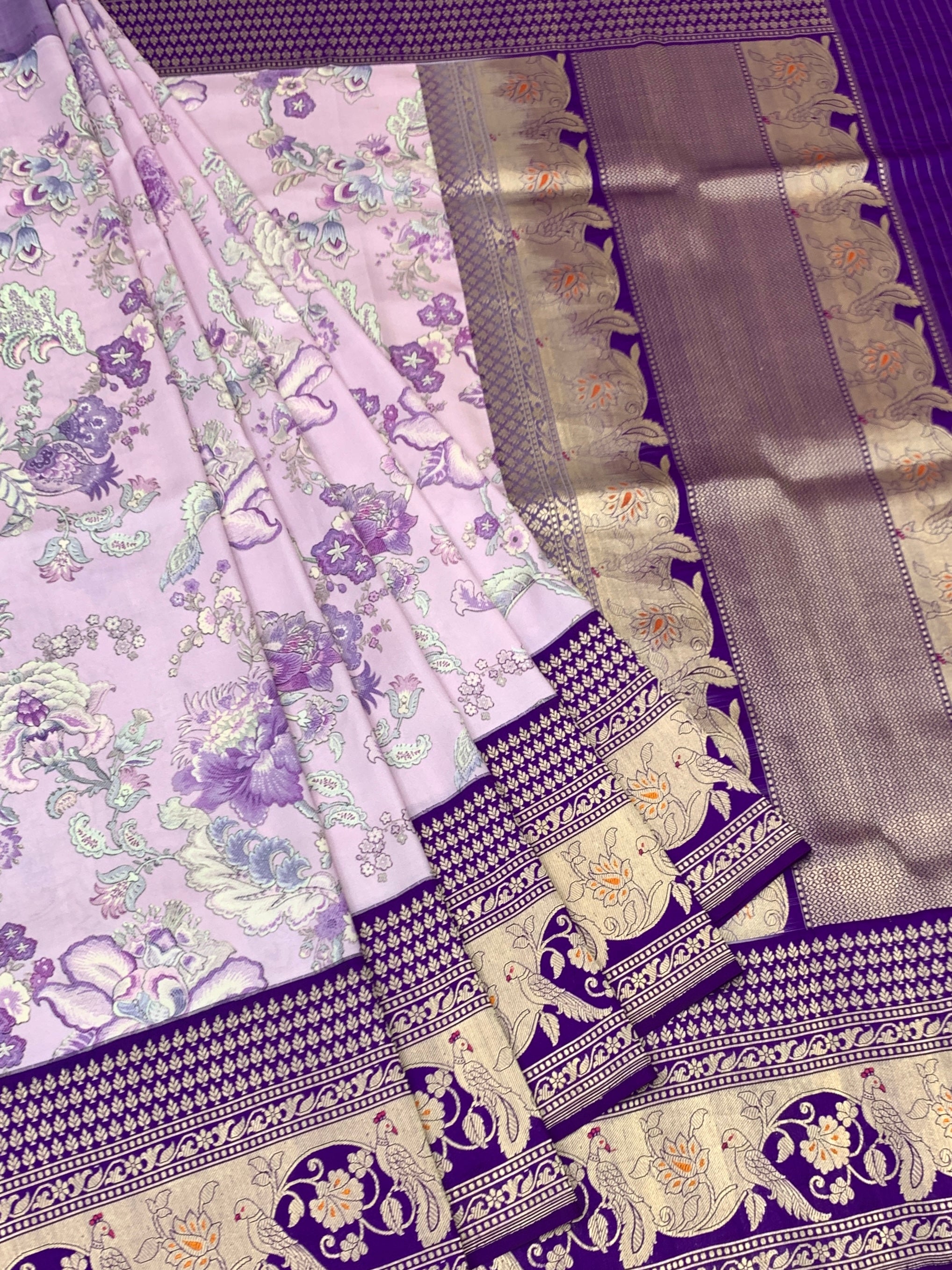 Lavender Floral Printed Banarasi Silk Saree with Contrast Royal Purple Zari Border