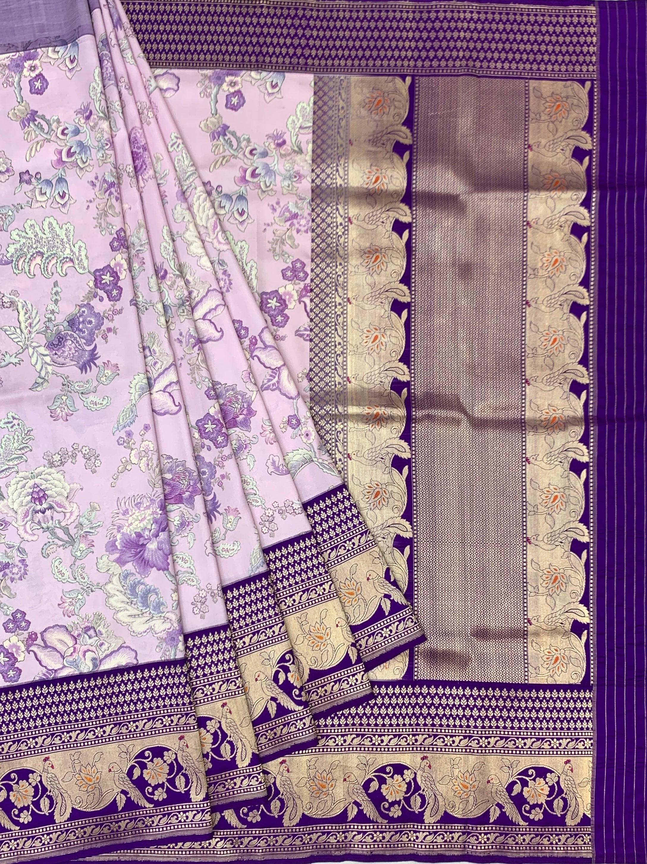 Lavender Floral Printed Banarasi Silk Saree with Contrast Royal Purple Zari Border