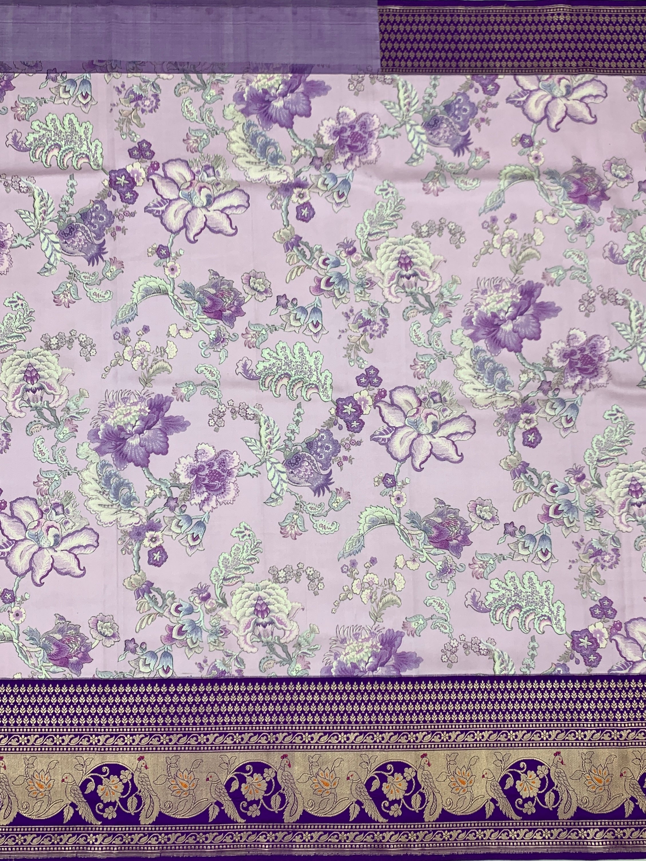 Lavender Floral Printed Banarasi Silk Saree with Contrast Royal Purple Zari Border