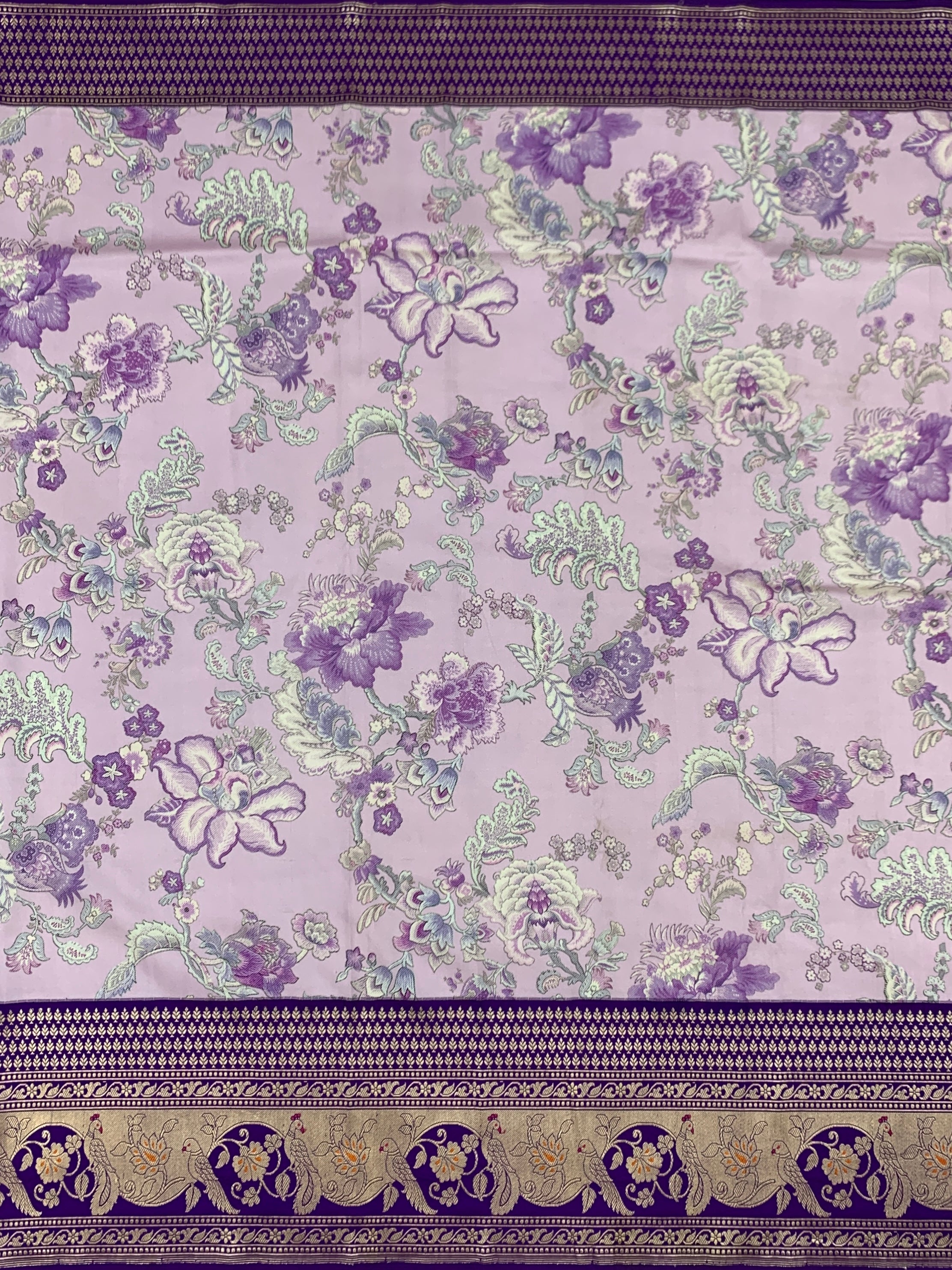 Lavender Floral Printed Banarasi Silk Saree with Contrast Royal Purple Zari Border