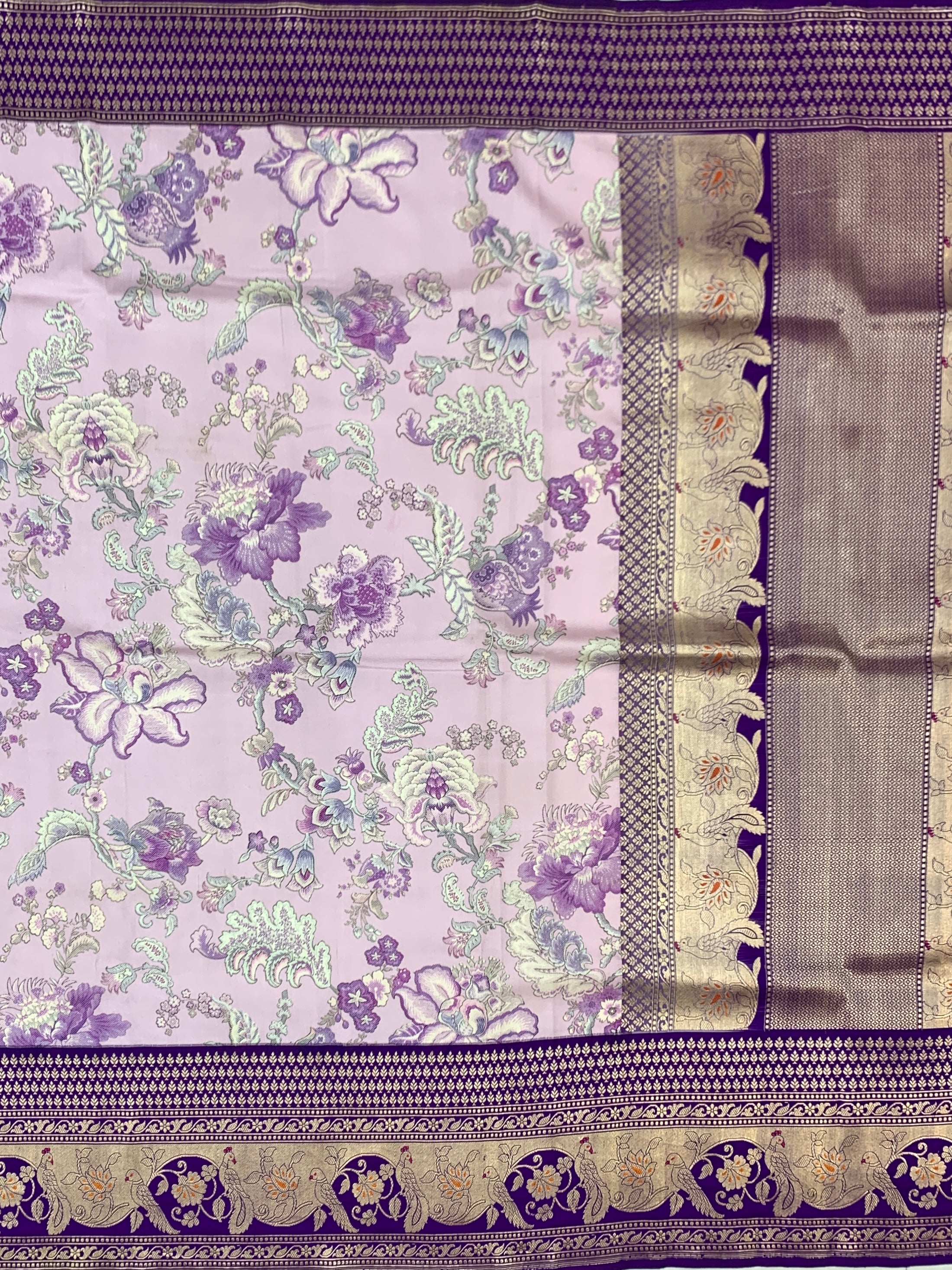 Lavender Floral Printed Banarasi Silk Saree with Contrast Royal Purple Zari Border
