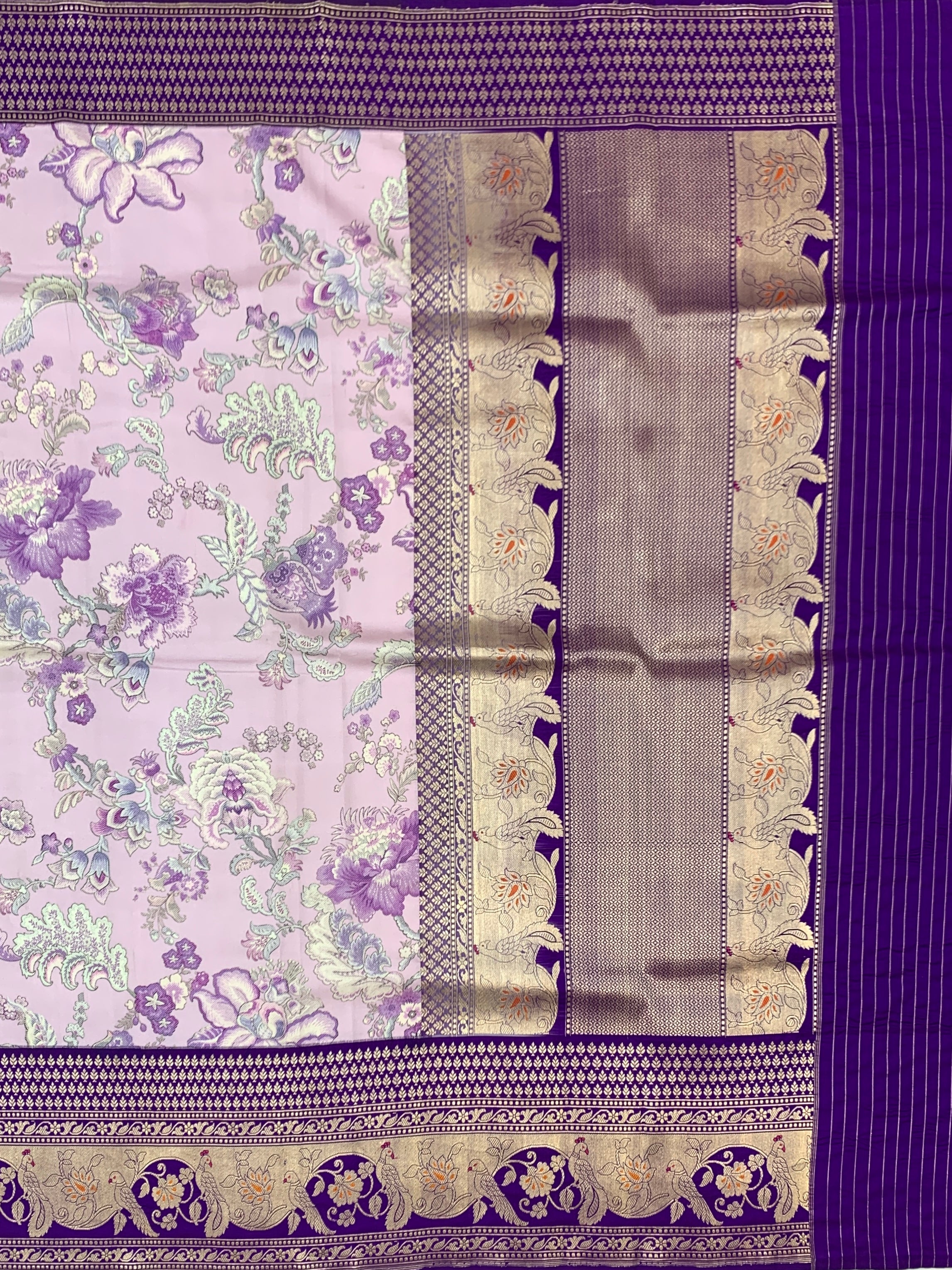 Lavender Floral Printed Banarasi Silk Saree with Contrast Royal Purple Zari Border