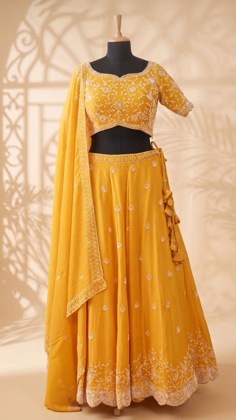 Yellow Silk Georgette Lehenga Set