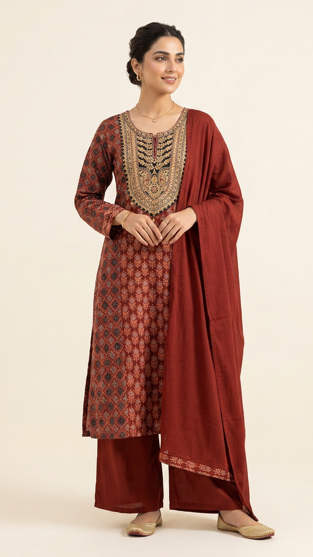 Regal Terracotta Embroidered Palazzo Suit Set