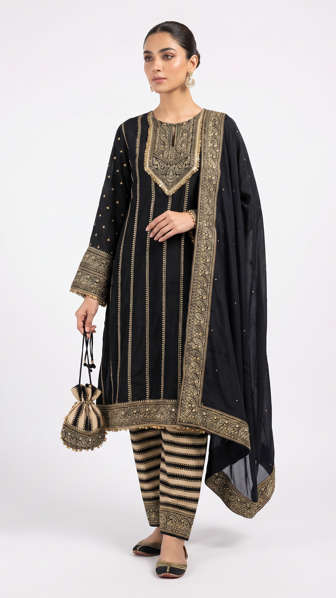 Regal Elegance in Noir: Embroidered Black & Gold Kurta Set