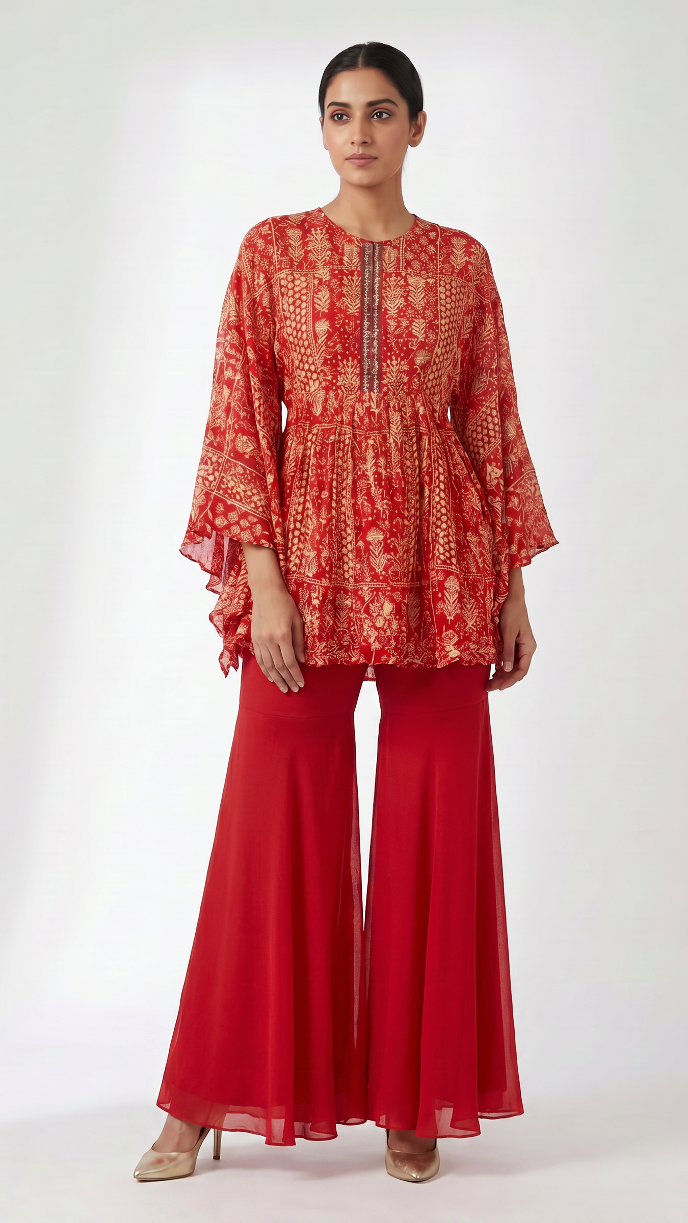 Crimson Cascade: Gold-Printed Peplum Tunic & Flared Palazzo Set