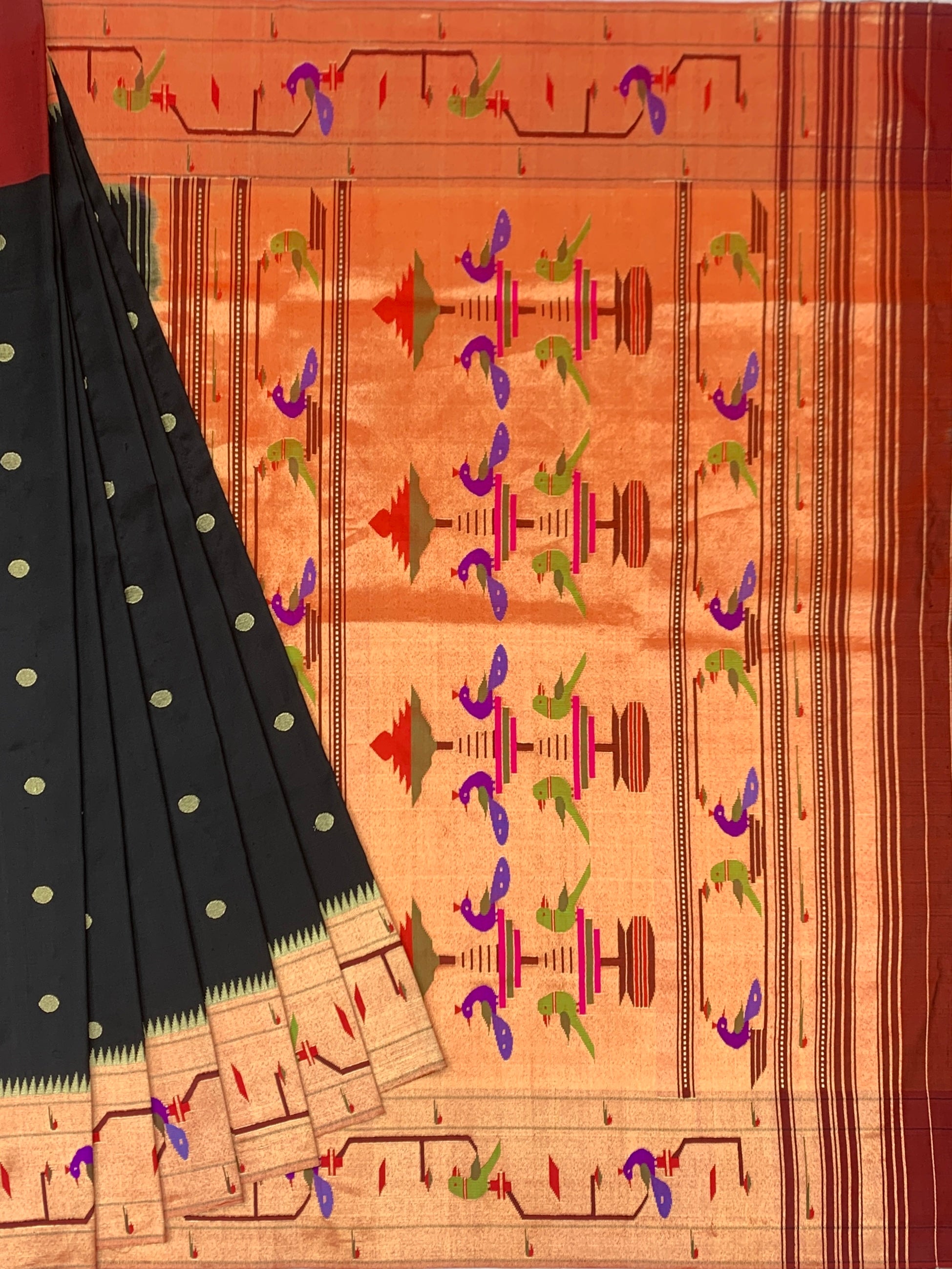 Midnight Black Paithani Silk Saree with Geometric Copper-Gold Pallu