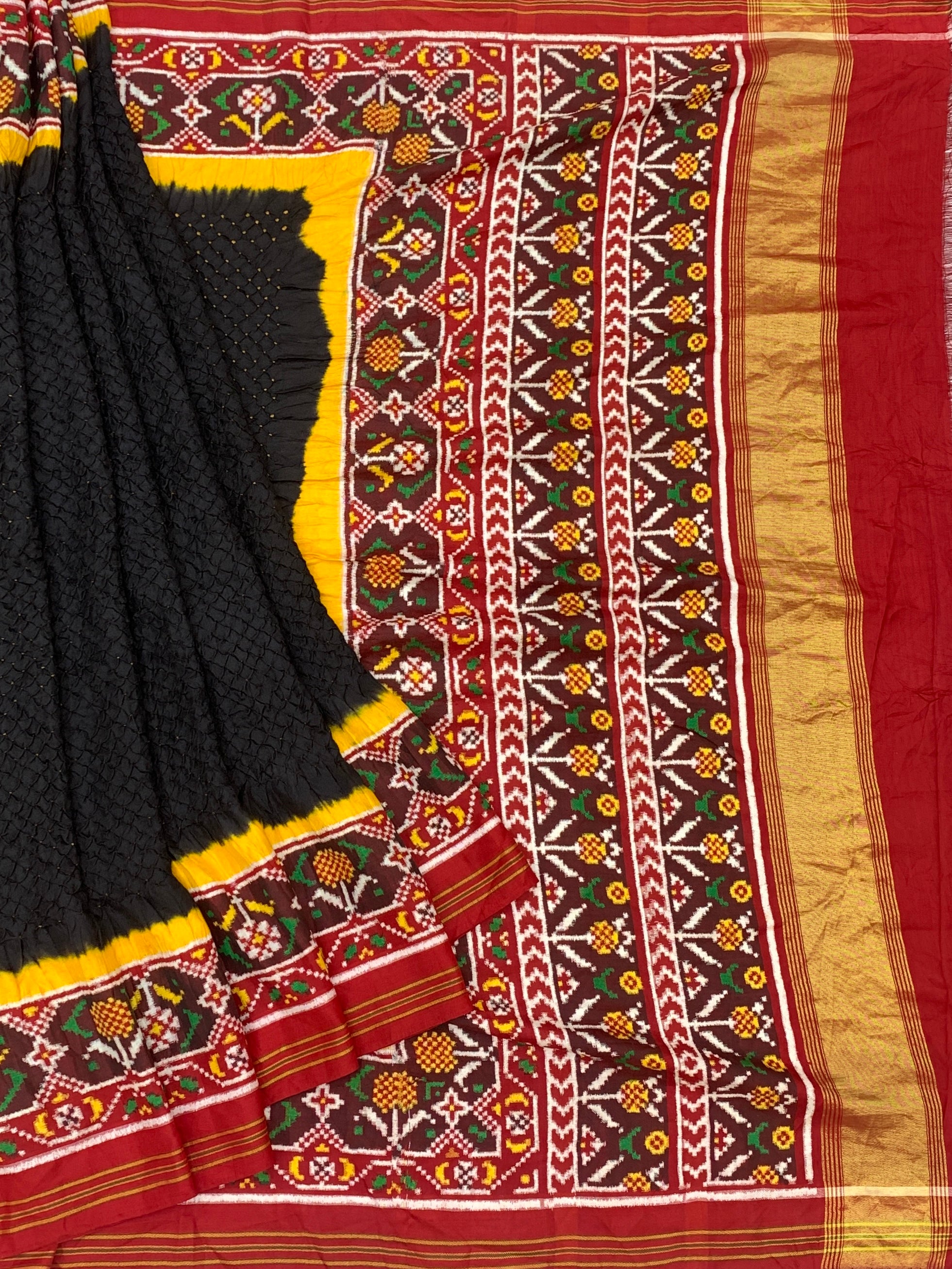 Exquisite Midnight Black Patan Patola Bandhani Silk Saree