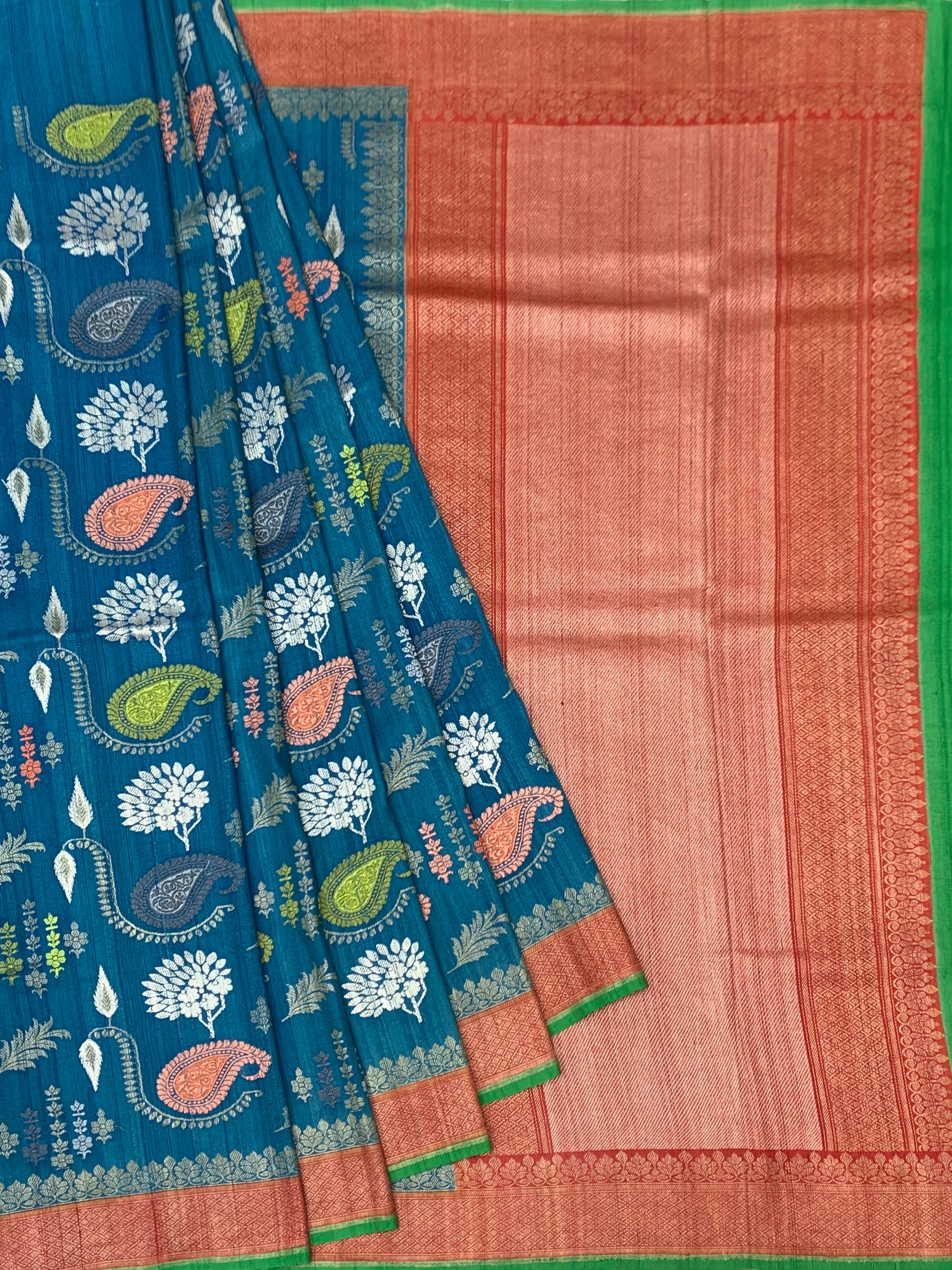 Deep Teal Tussore Georgette Saree with Meenakari Paisleys and Copper Pallu