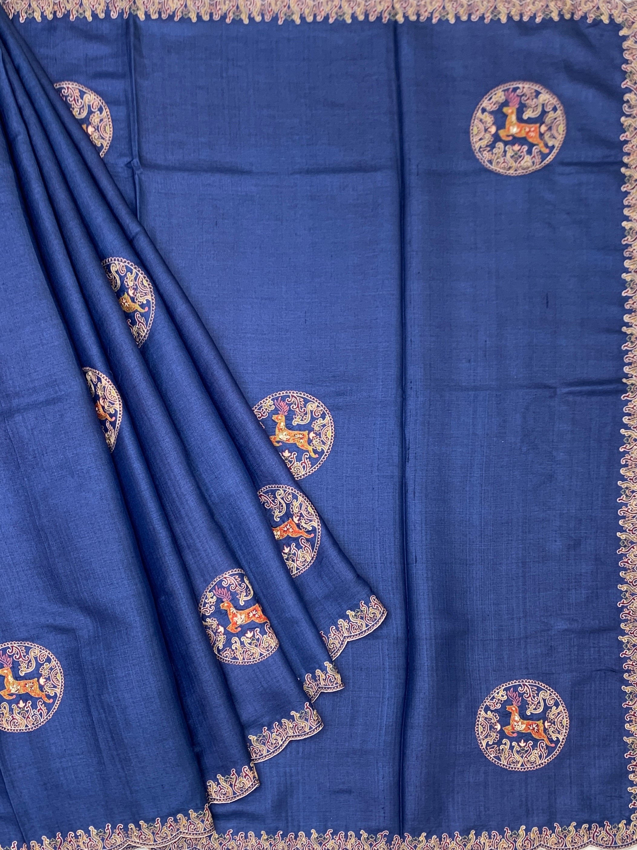 Midnight Royal: Deep Blue Hand-Embroidered Tussar Silk Saree with Shikargah Motifs