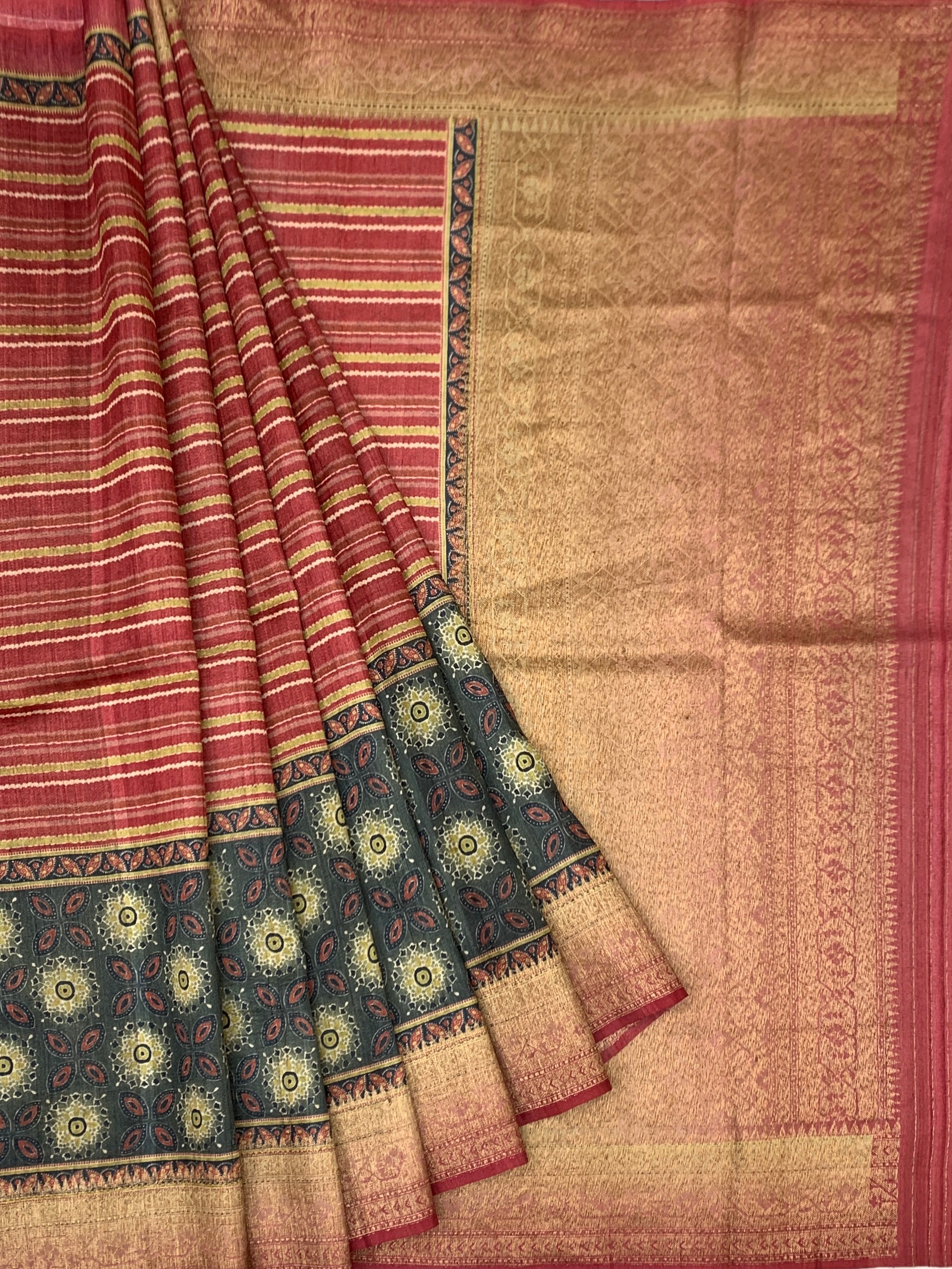 Earthy Elegance: Brick Red Textured Tussar Silk Saree