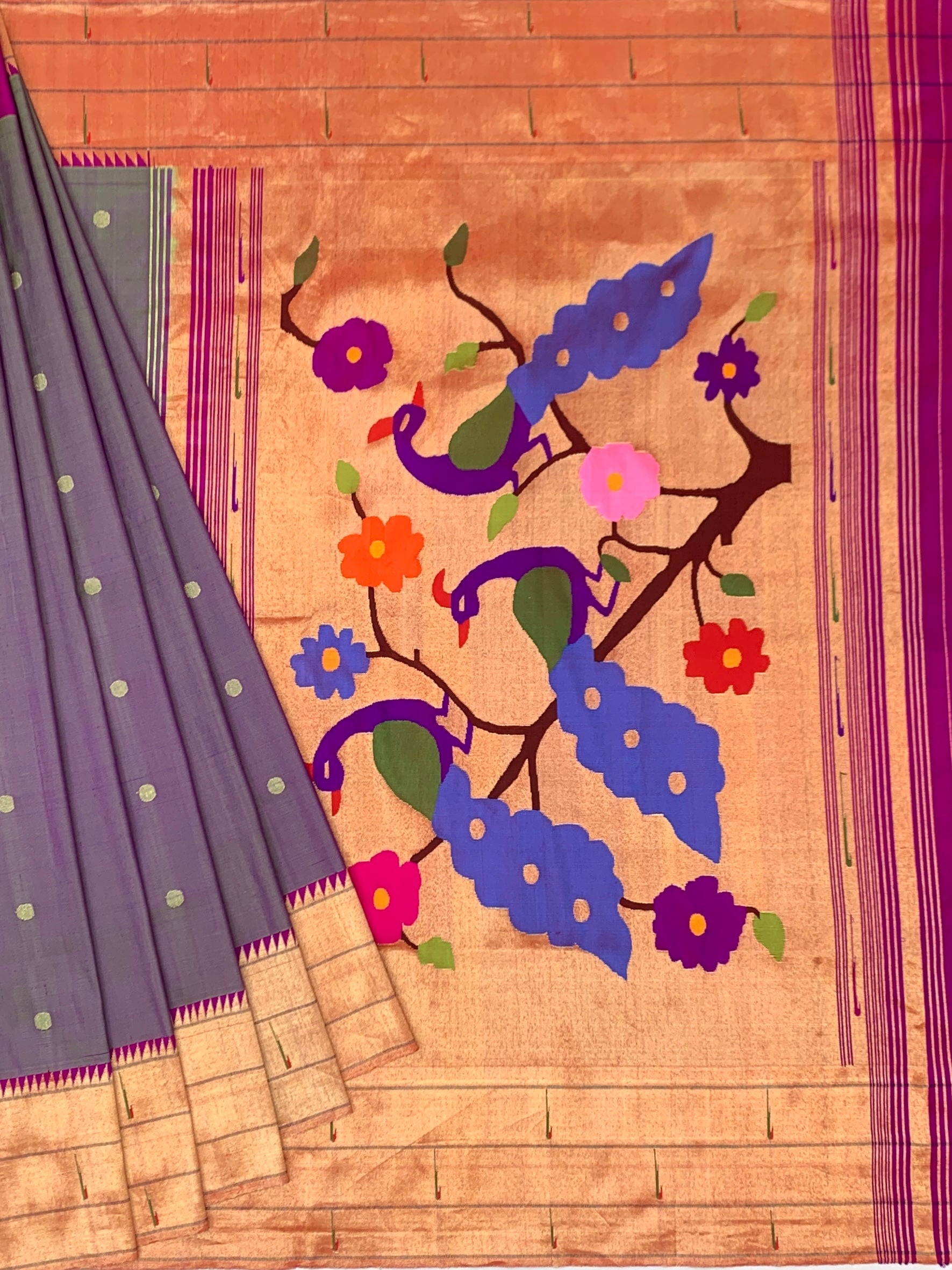 Regal Dusty Lavender Paithani Silk Saree with Vibrant Peacock Pallu