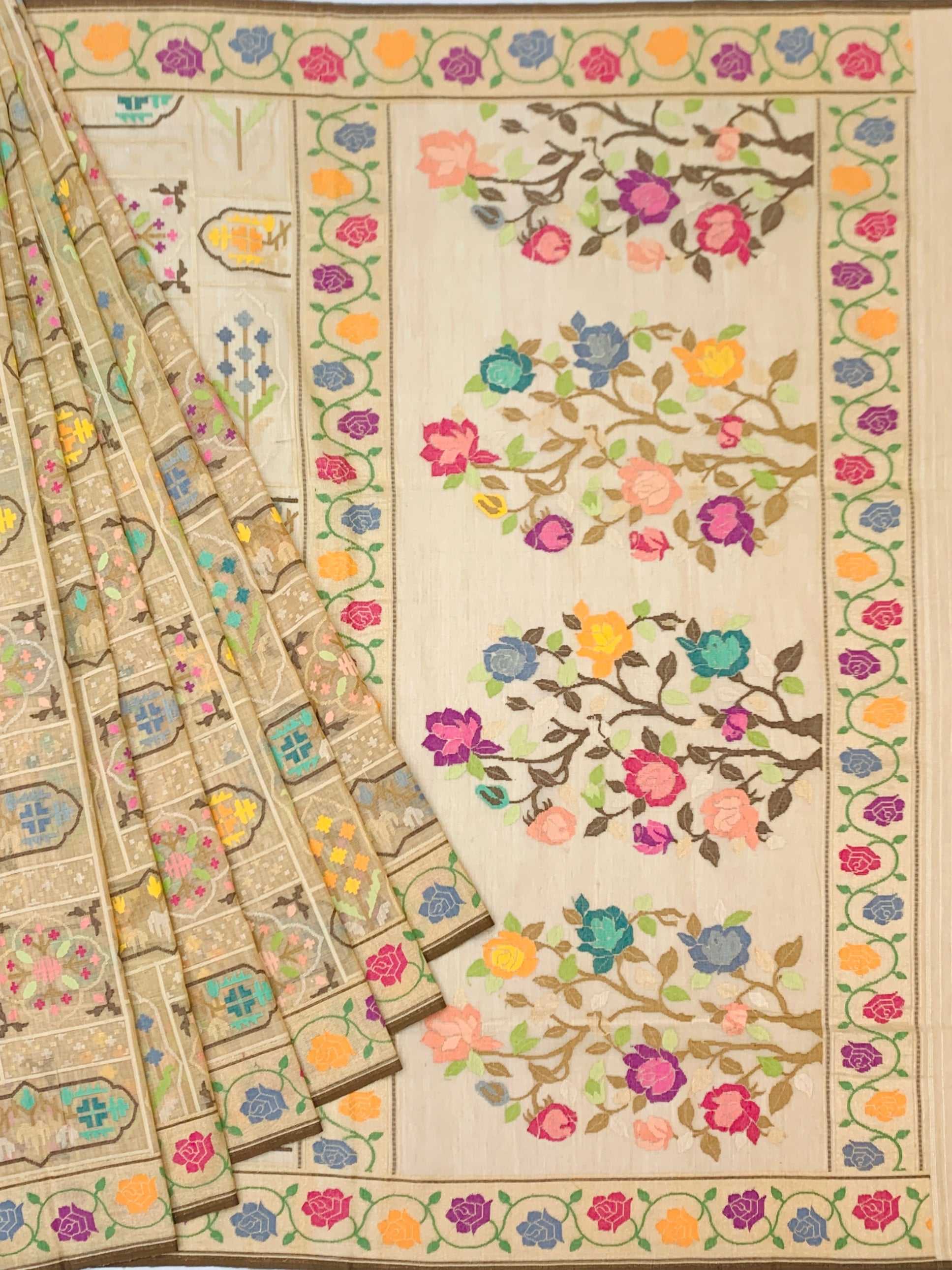Ethereal Beige Cotton Jamdani Saree with Multi-Color Rose Vines and Geometric Weaves