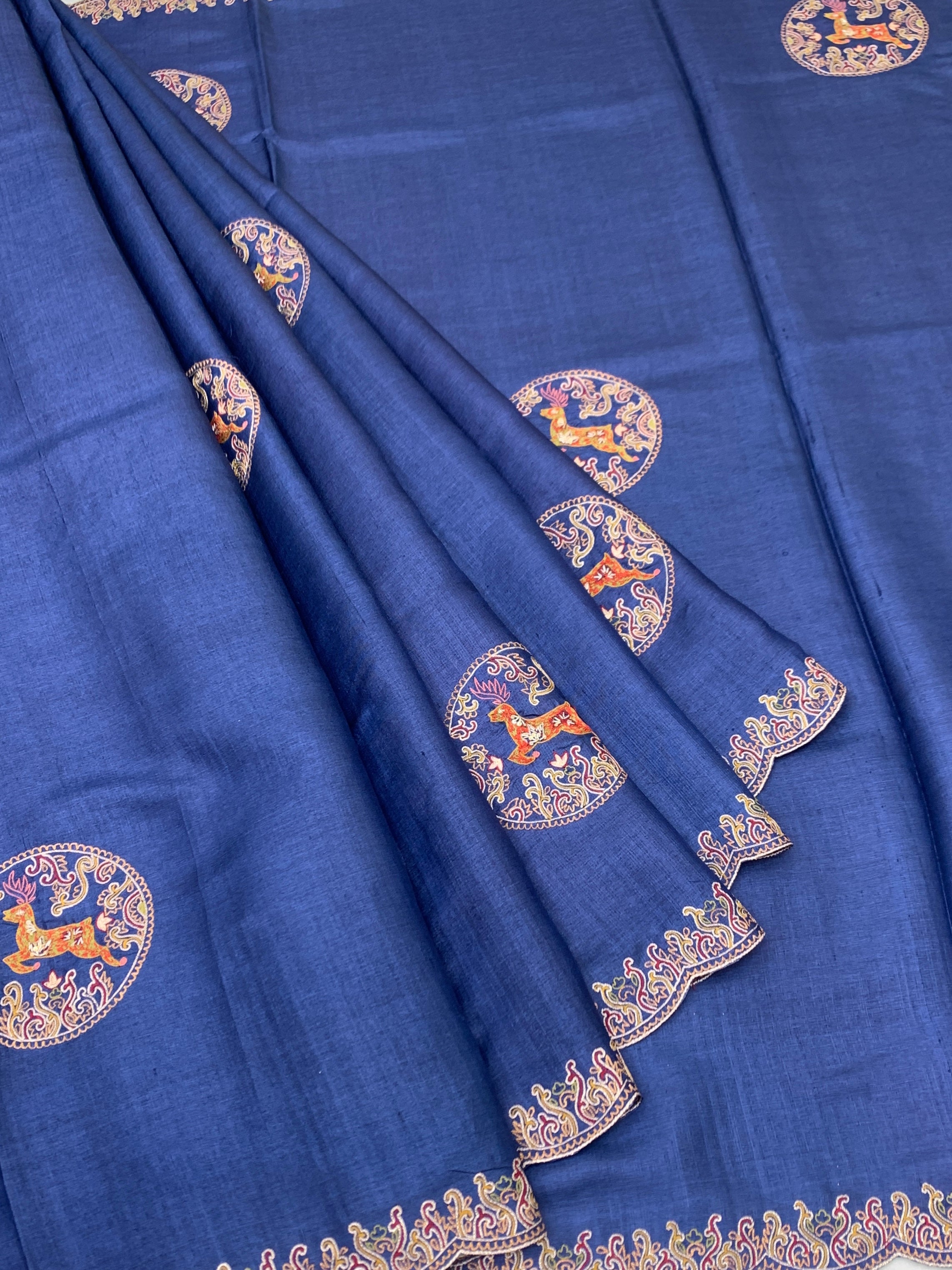 Midnight Royal: Deep Blue Hand-Embroidered Tussar Silk Saree with Shikargah Motifs