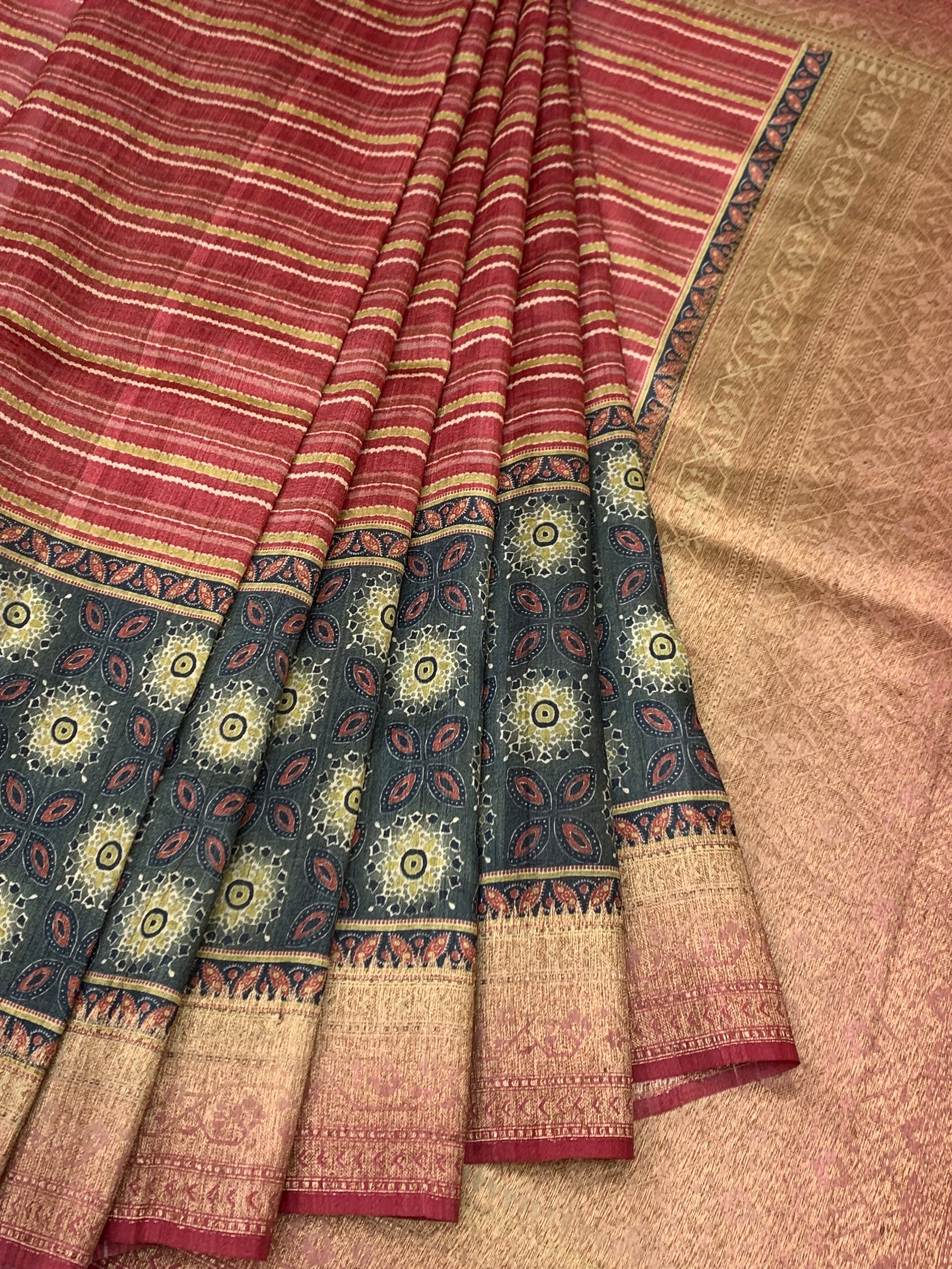 Earthy Elegance: Brick Red Textured Tussar Silk Saree
