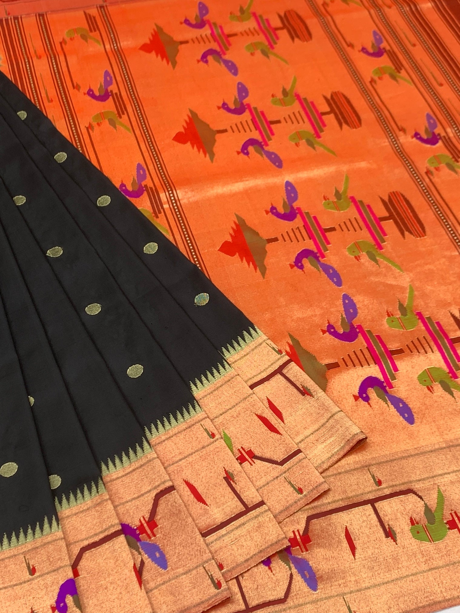 Midnight Black Paithani Silk Saree with Geometric Copper-Gold Pallu
