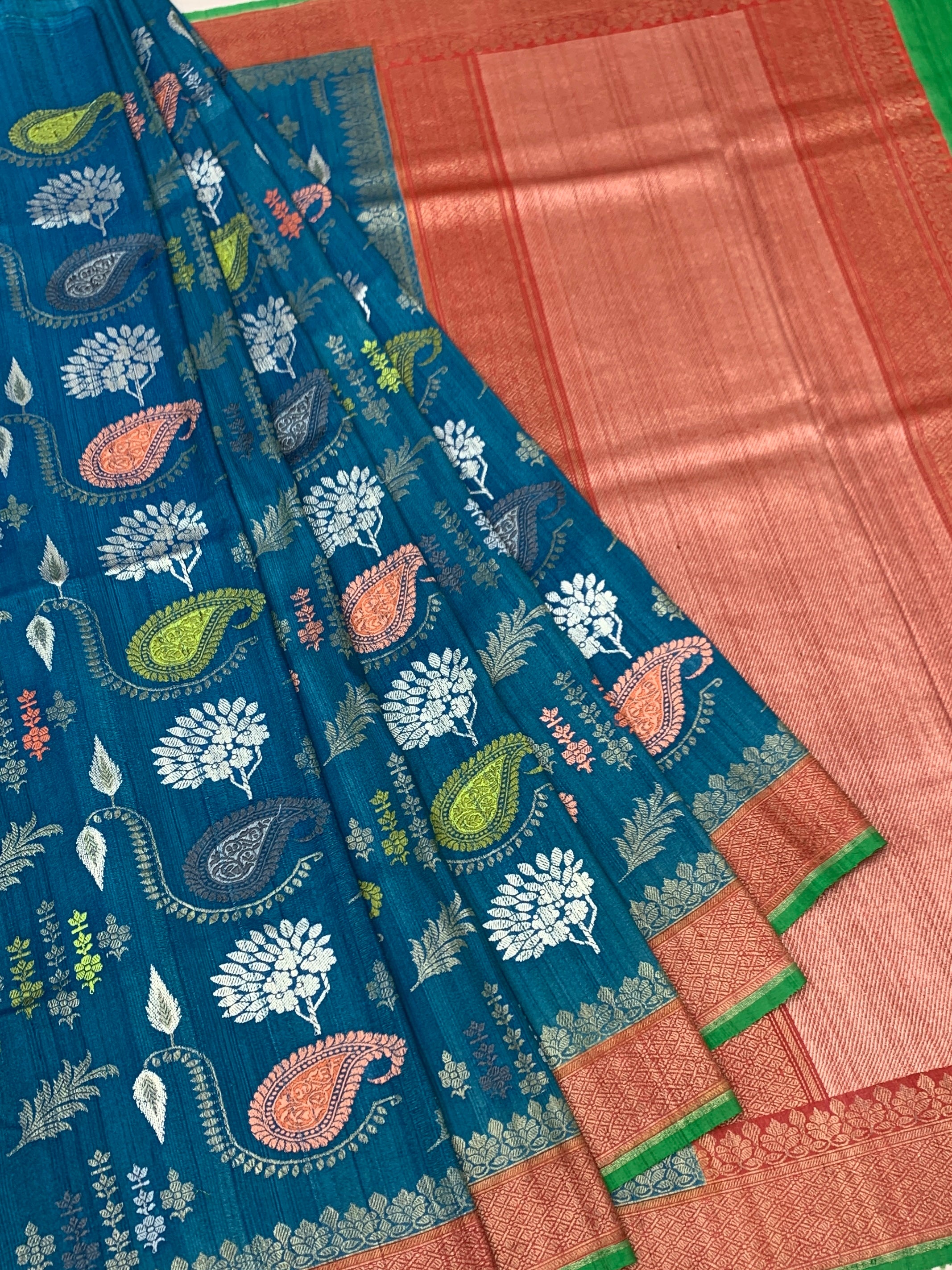 Deep Teal Tussore Georgette Saree with Meenakari Paisleys and Copper Pallu