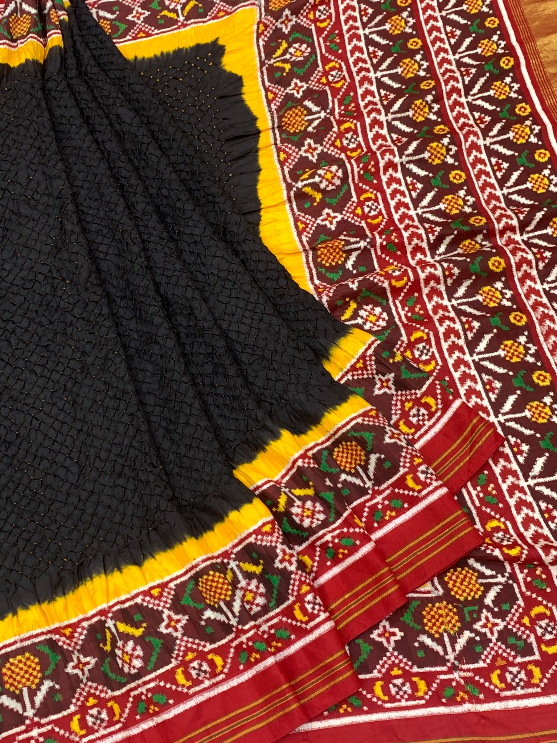 Exquisite Midnight Black Patan Patola Bandhani Silk Saree