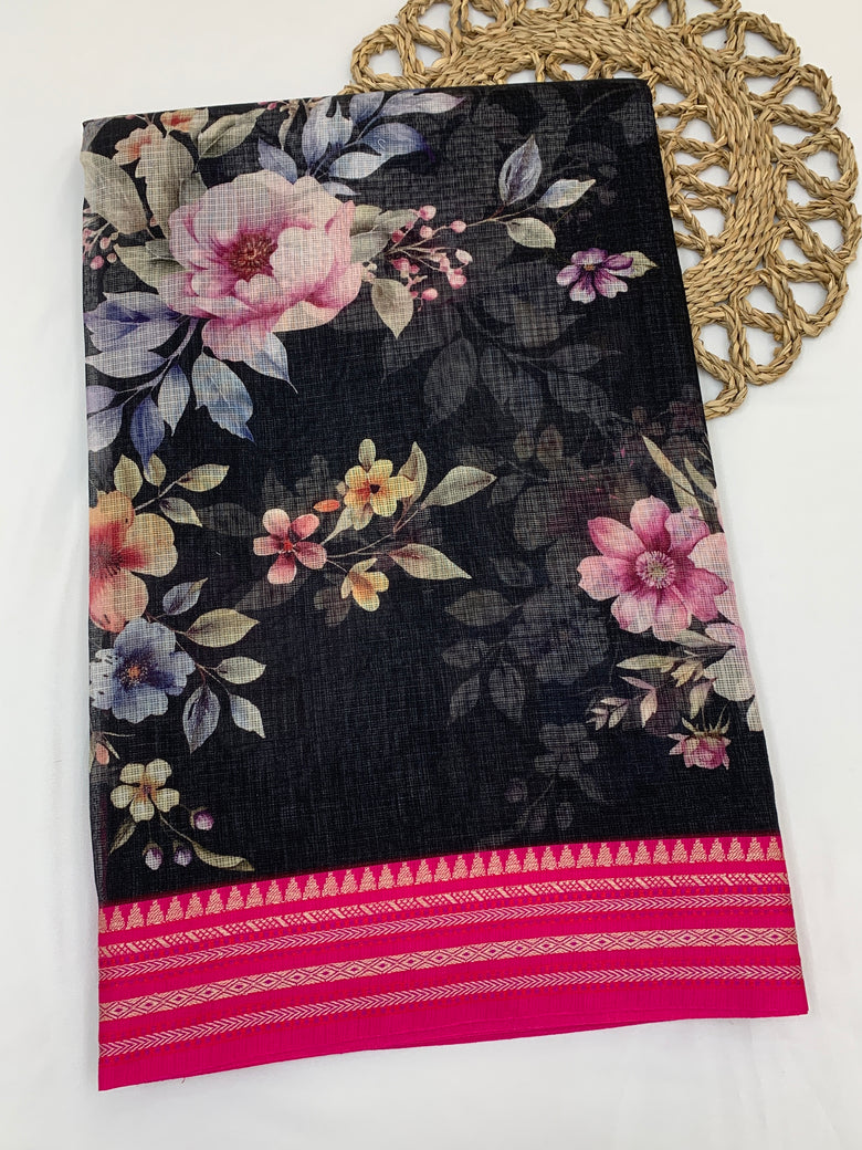 Cotton Kota Floral Printed Saree Black with Pink Border