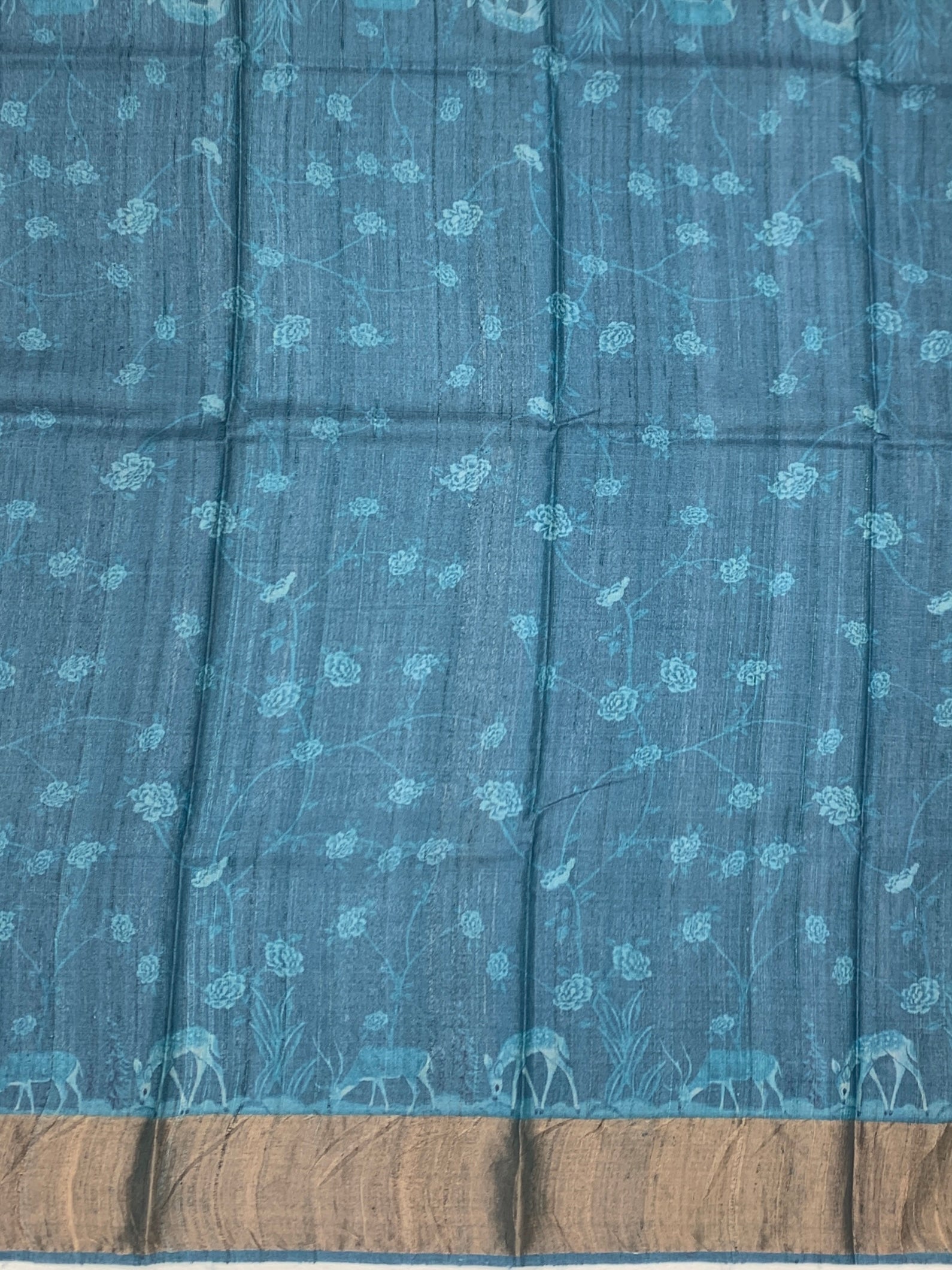 Prussian Blue Meadow: Scenic Deer Tussore Printed Saree