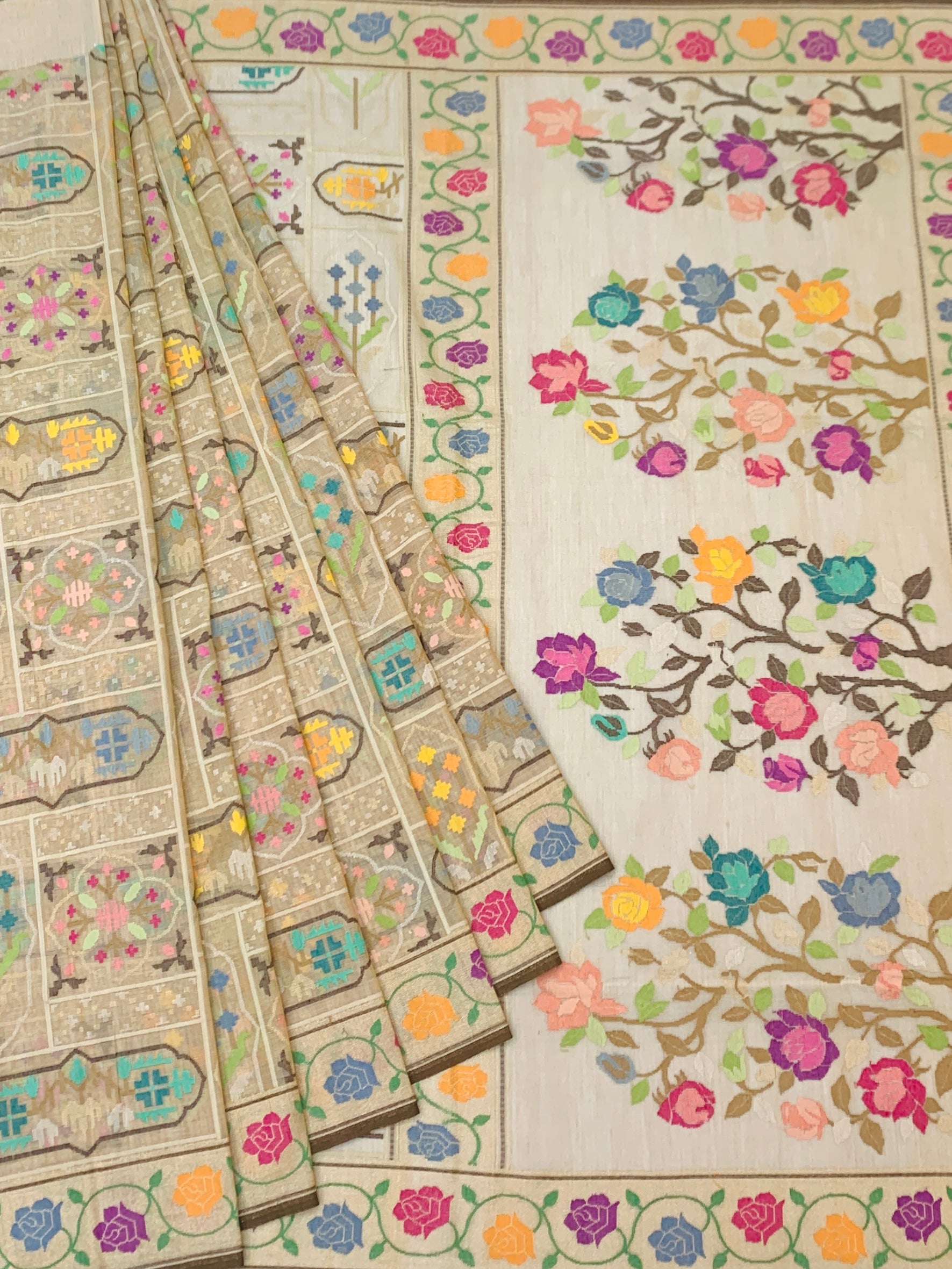 Ethereal Beige Cotton Jamdani Saree with Multi-Color Rose Vines and Geometric Weaves