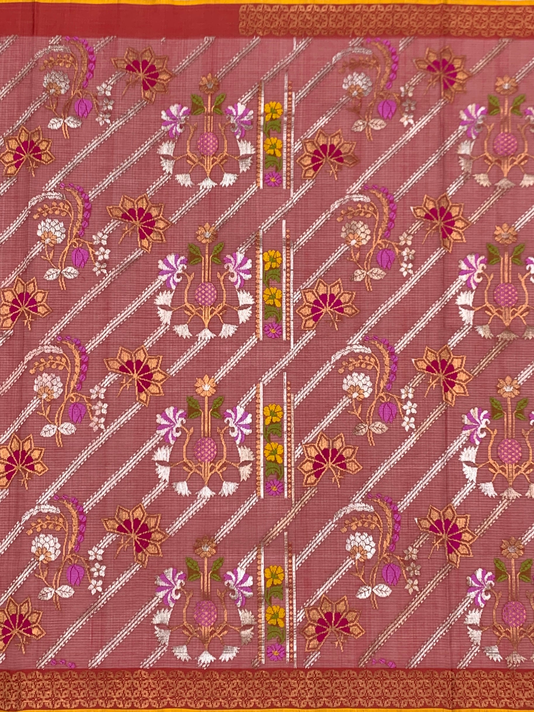Regal Crimson Red Zari Kota Saree with Meenakari Florals & Contrast Yellow Blouse