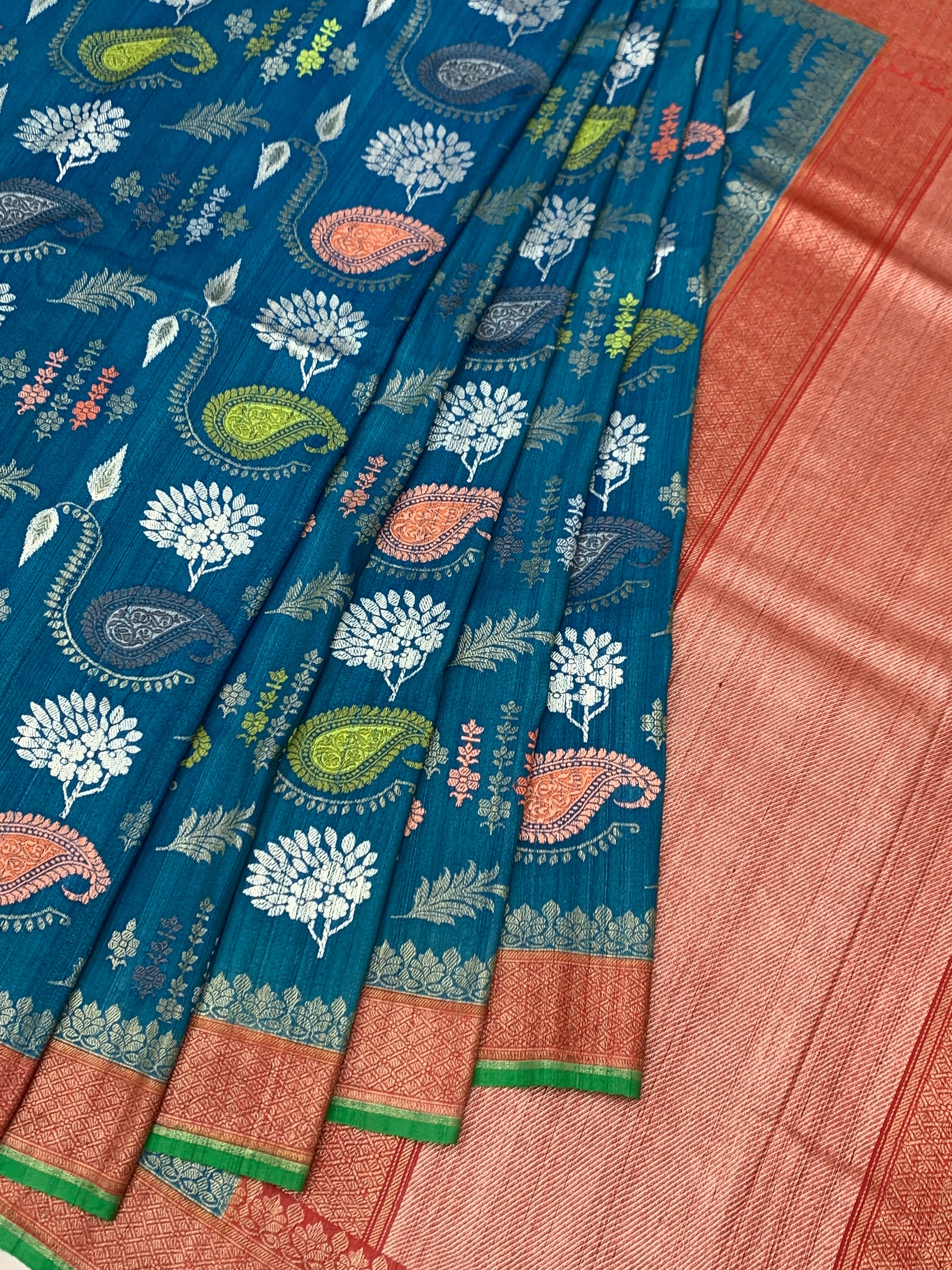 Deep Teal Tussore Georgette Saree with Meenakari Paisleys and Copper Pallu